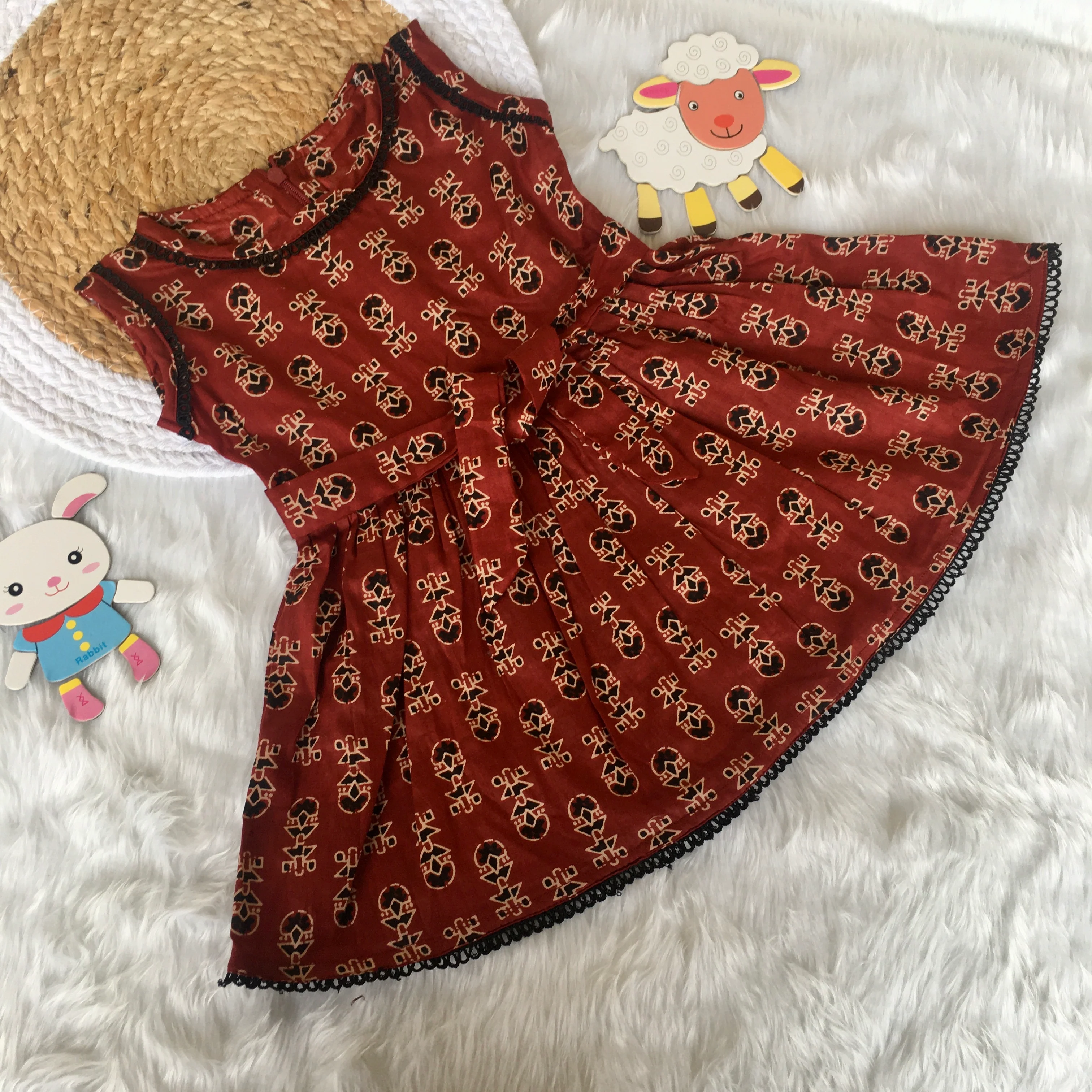 Baby Frock - Maroon Cream Ajrakh - Image 3