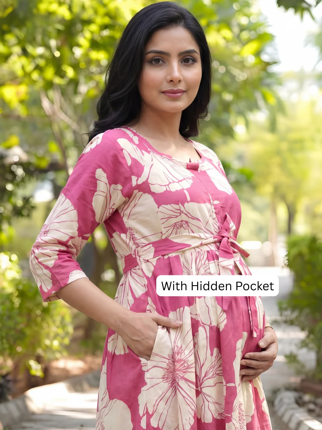 Baby Pink White Big Flower - Maternity Kurti with Feeding Zips - Soft Rayon - Image 2