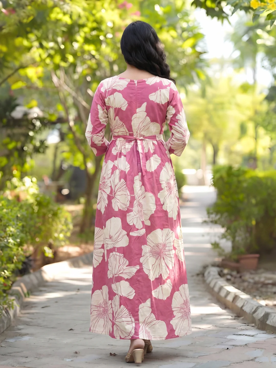 Baby Pink White Big Flower - Maternity Kurti with Feeding Zips - Soft Rayon - Image 5