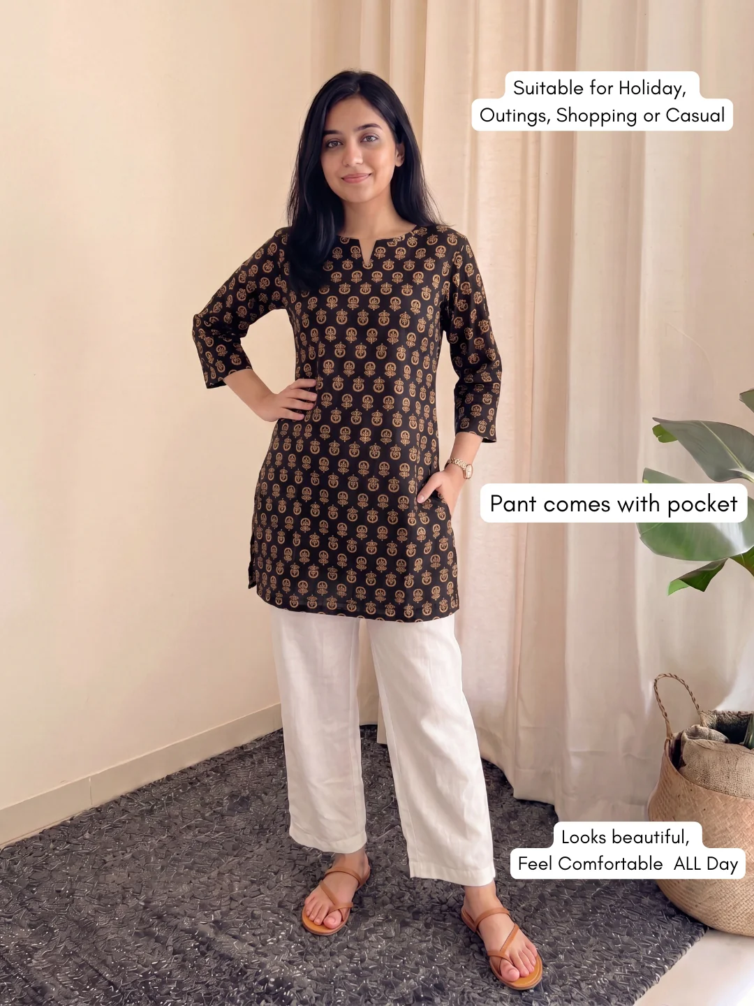 Black Sunflower Ajrakh - Cord Set with White Pant - Pure Cotton - Image 2