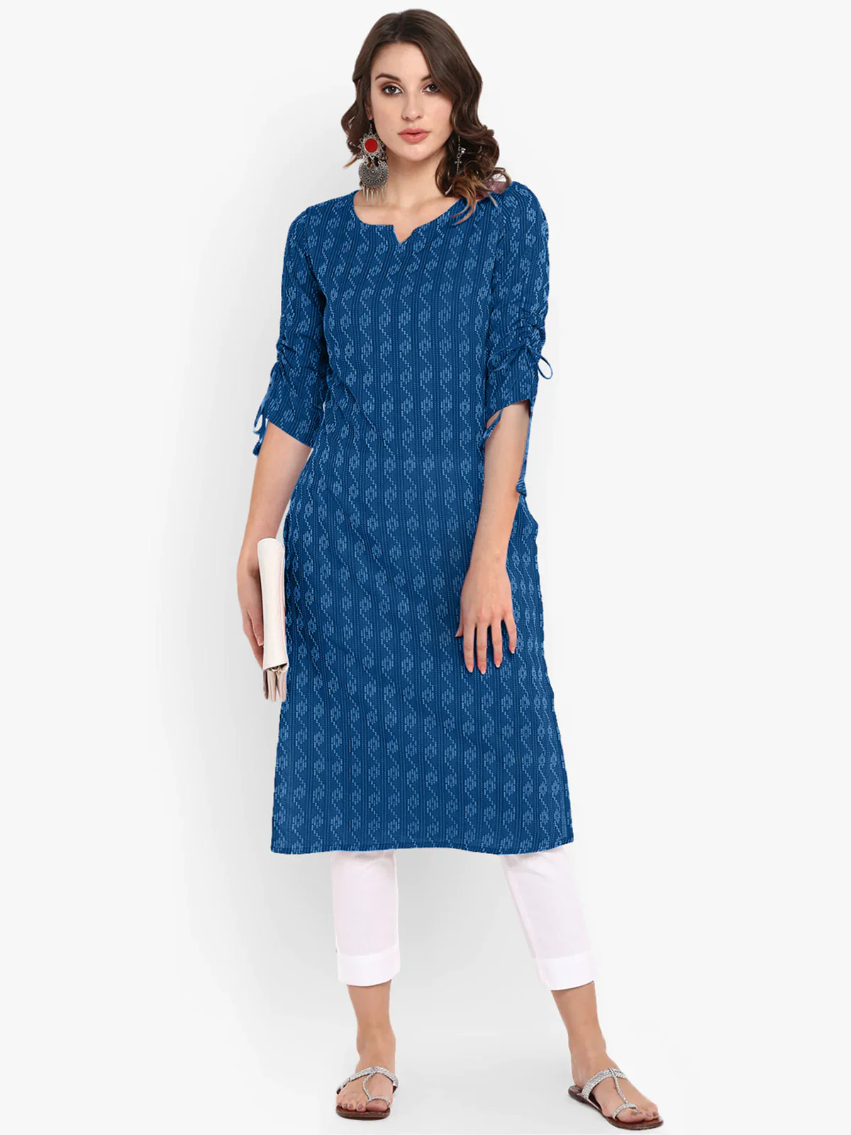 Blue Katha work Cotton Kurti- Knee Length - 3567 - Image 3