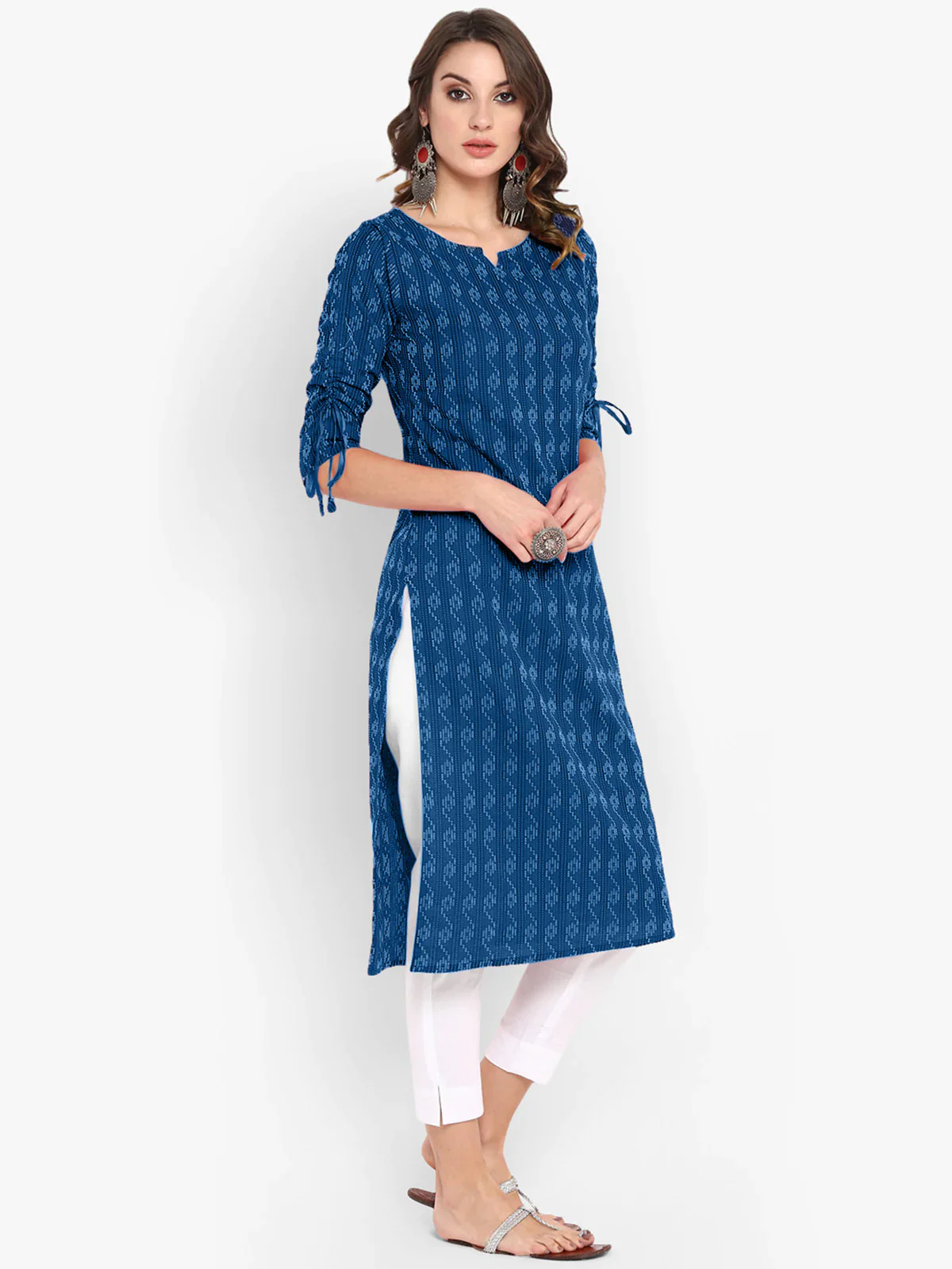Blue Katha work Cotton Kurti- Knee Length - 3567 - Image 5