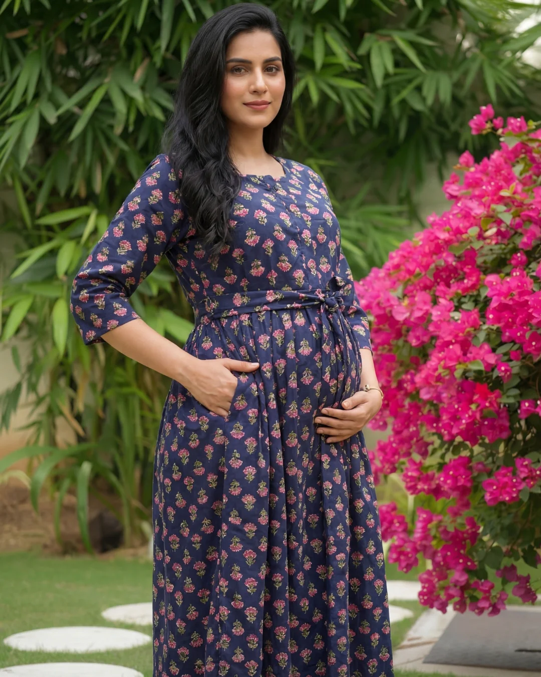 Blue Pink Flower - Maternity Kurti with Feeding Zips - Soft Rayon - Image 2