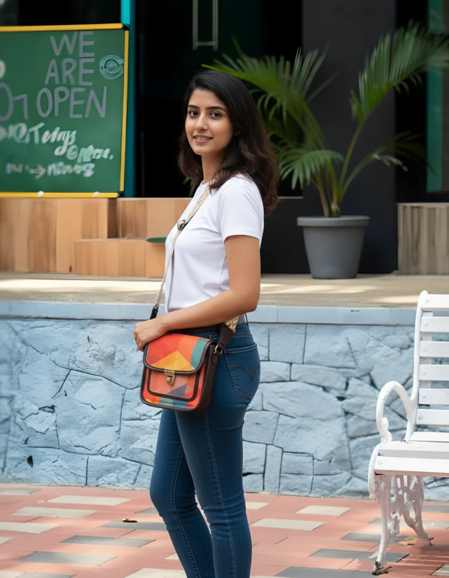 Feista - Orange Abstract - 4 Zips - pockets sling bag with Aztec Belt - Image 3