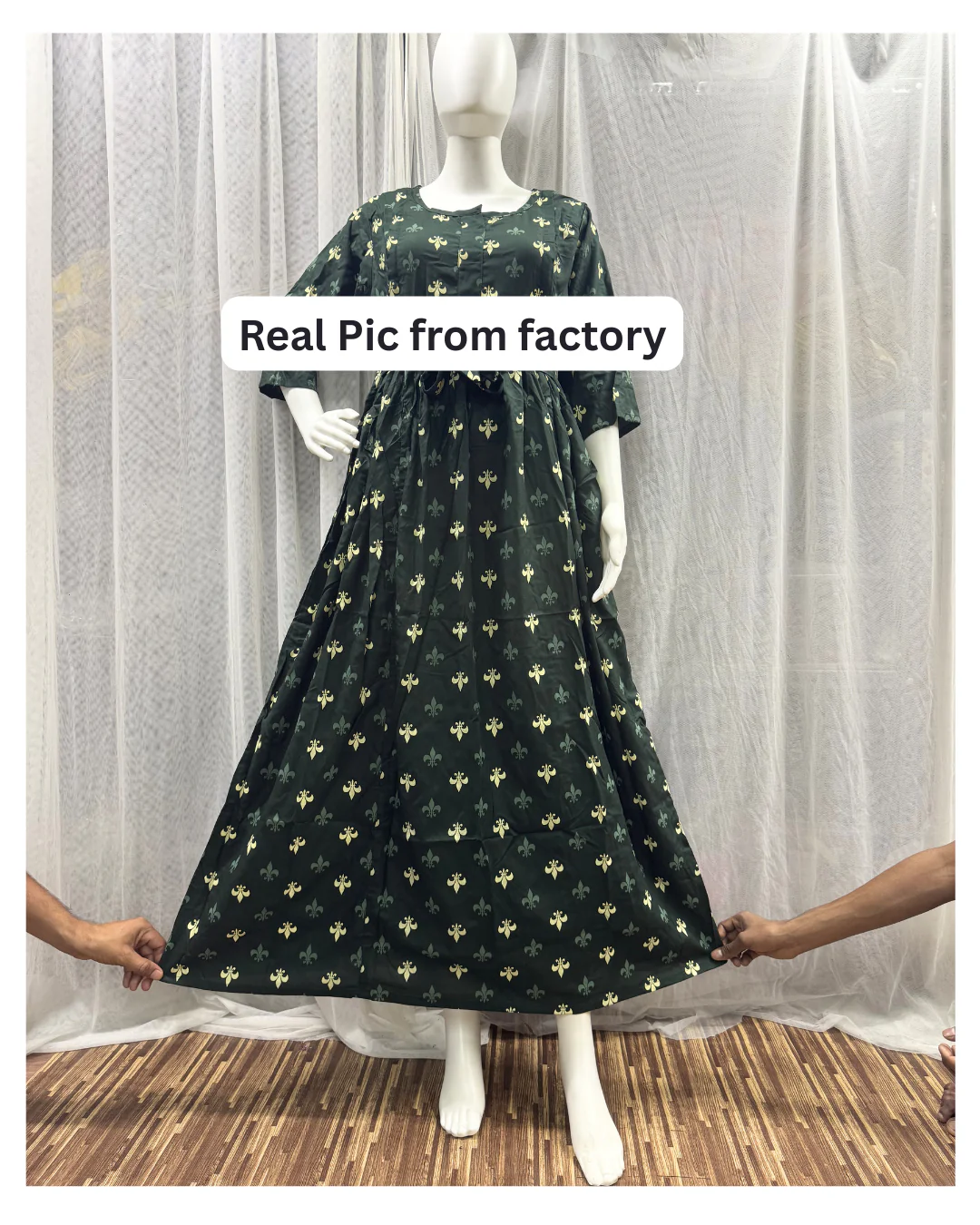 Green Cream Flower - Maternity Kurti with Feeding Zips - Soft Rayon - Image 3