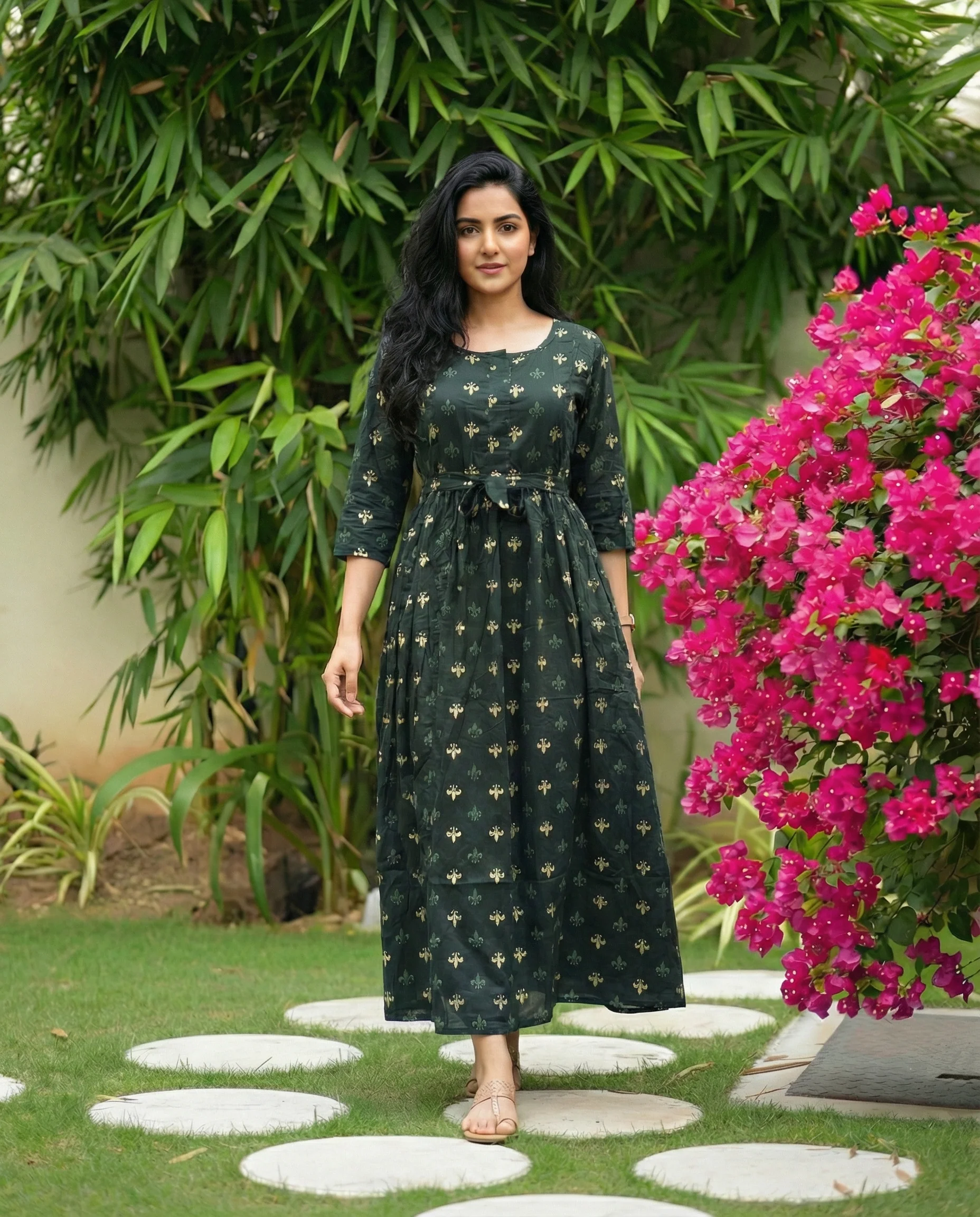 Green Cream Flower - Maternity Kurti with Feeding Zips - Soft Rayon - Image 9