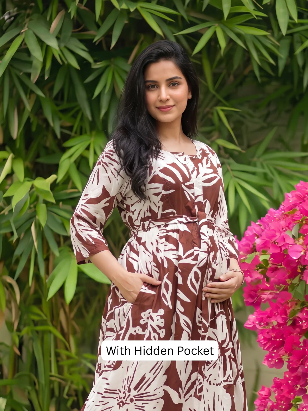 Hibiscus - Brown - Maternity Dress with Feeding Zips - Soft Rayon - Image 2