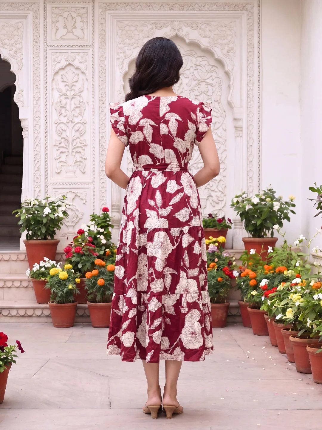 Hibiscus Maroon - Sleevless Midi Dress - Soft Rayon - Image 4