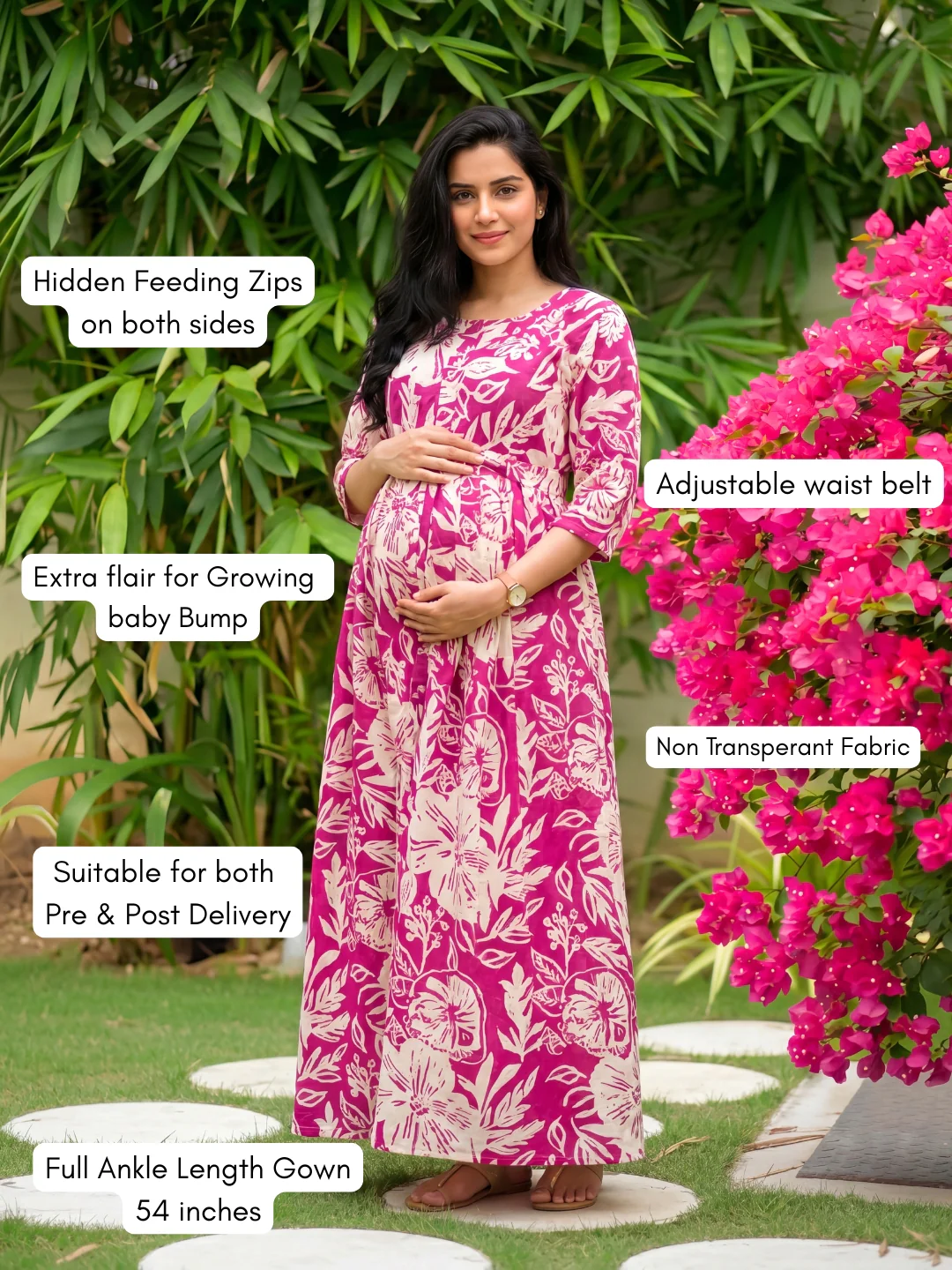 Hibiscus - Pink White - Maternity Kurti with Feeding Zips - Soft Rayon - Image 2