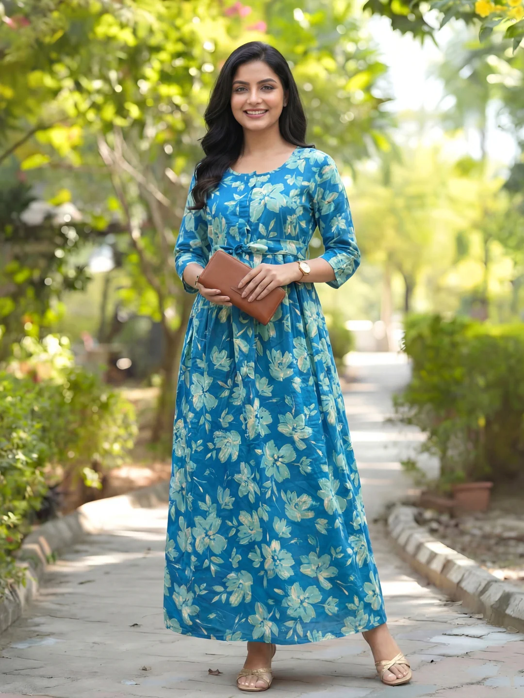 Jasmine White Flower - Firozi - Maternity Kurti with Feeding Zips - Cambric Cotton - Image 3