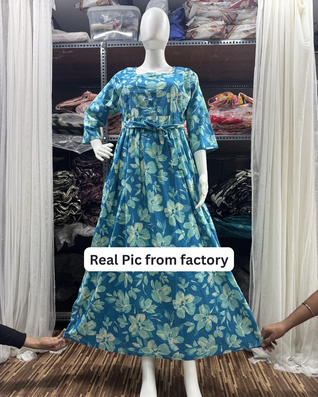 Jasmine White Flower - Firozi - Maternity Kurti with Feeding Zips - Cambric Cotton - Image 6