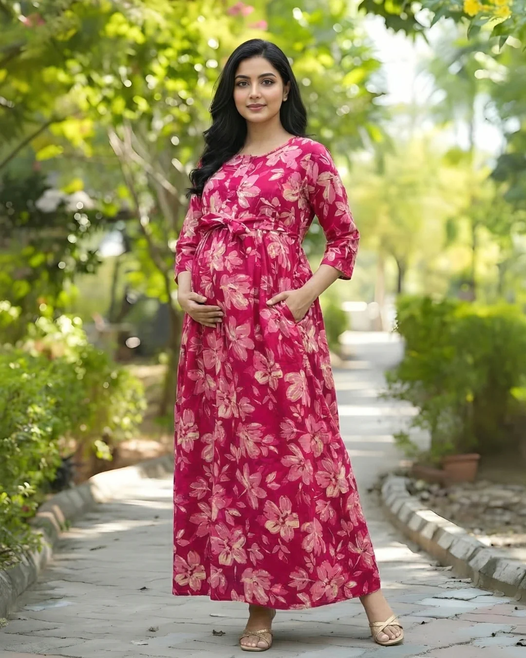 Jasmine White Pink - Maternity Kurti with Feeding Zips - Cambric Cotton - Image 5
