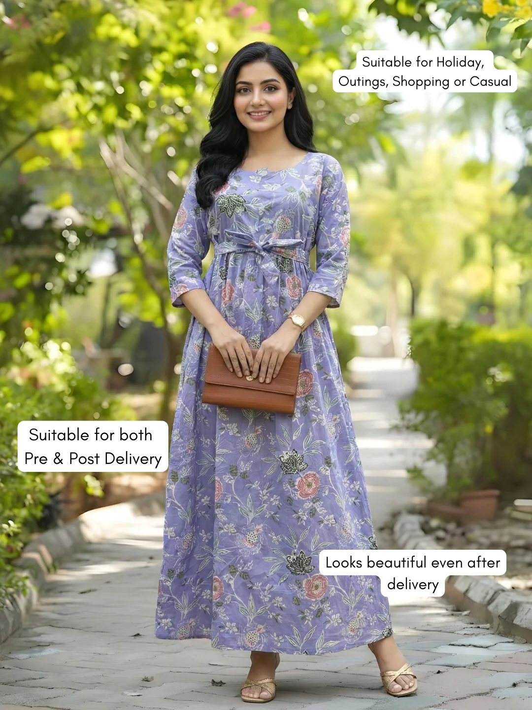 Lavander Green Flower - Maternity Kurti with Feeding Zips - Cambric Cotton - Image 5