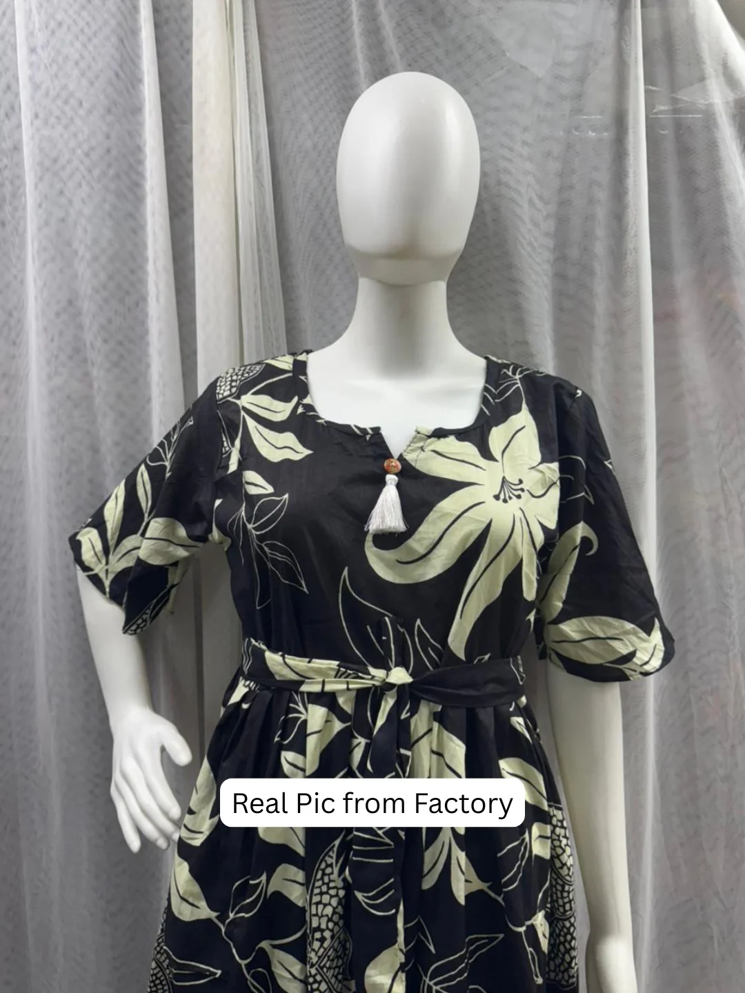 Lily Flower Black - Short Sleeves Midi Dress -  Pure Cotton - Image 8