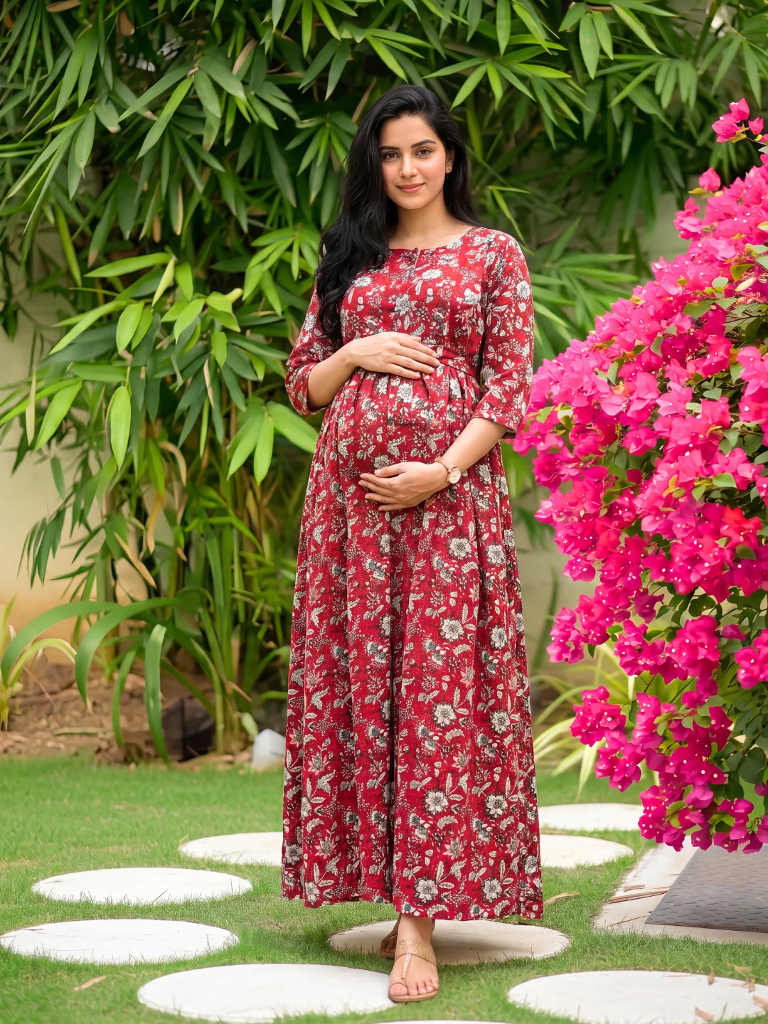 Maroon Forrest Print - Maternity Kurti with Feeding Zips - Cotton Flex - Thicker Fabric