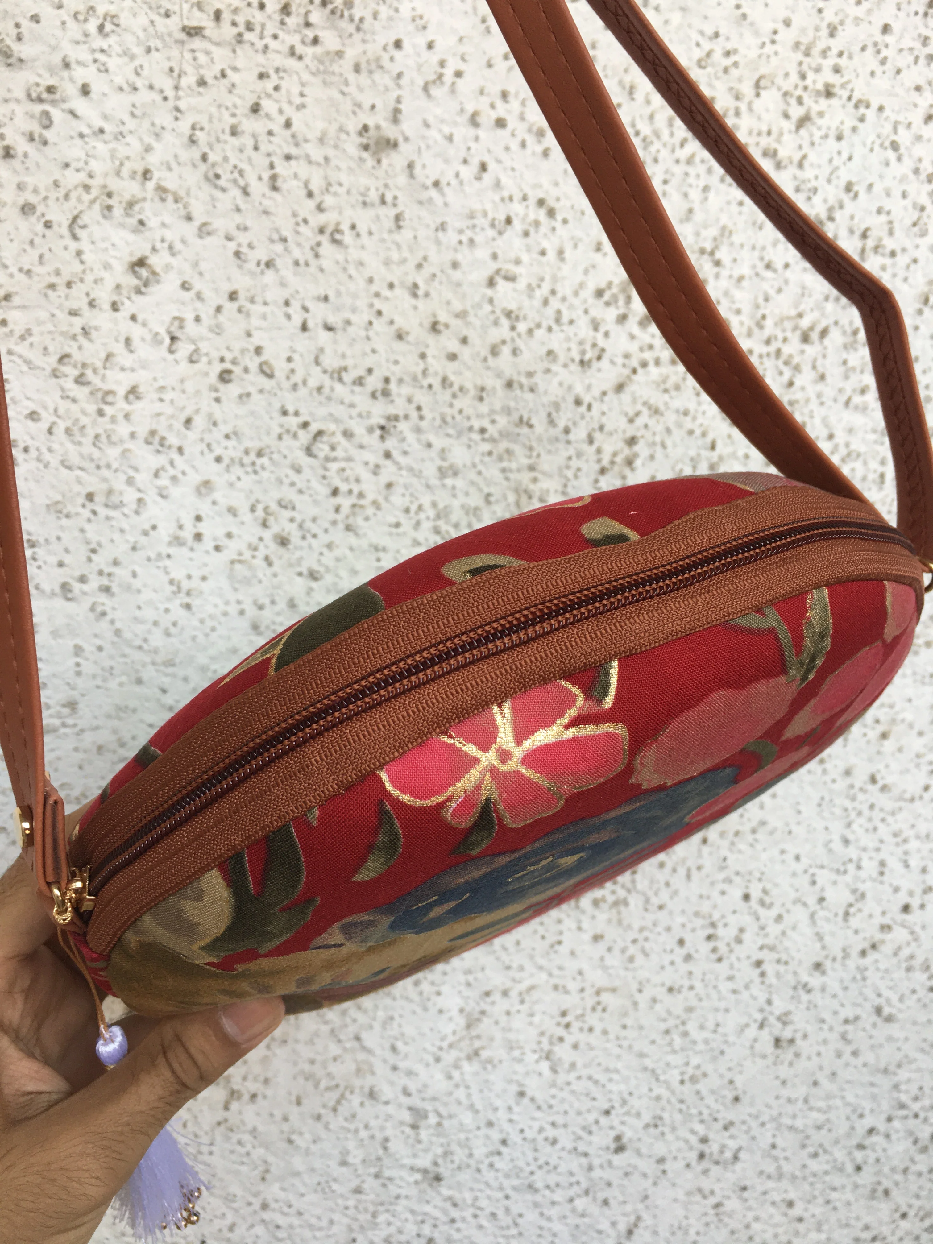 Maroon Grey Flower - Cute Round Sling bag - Image 4