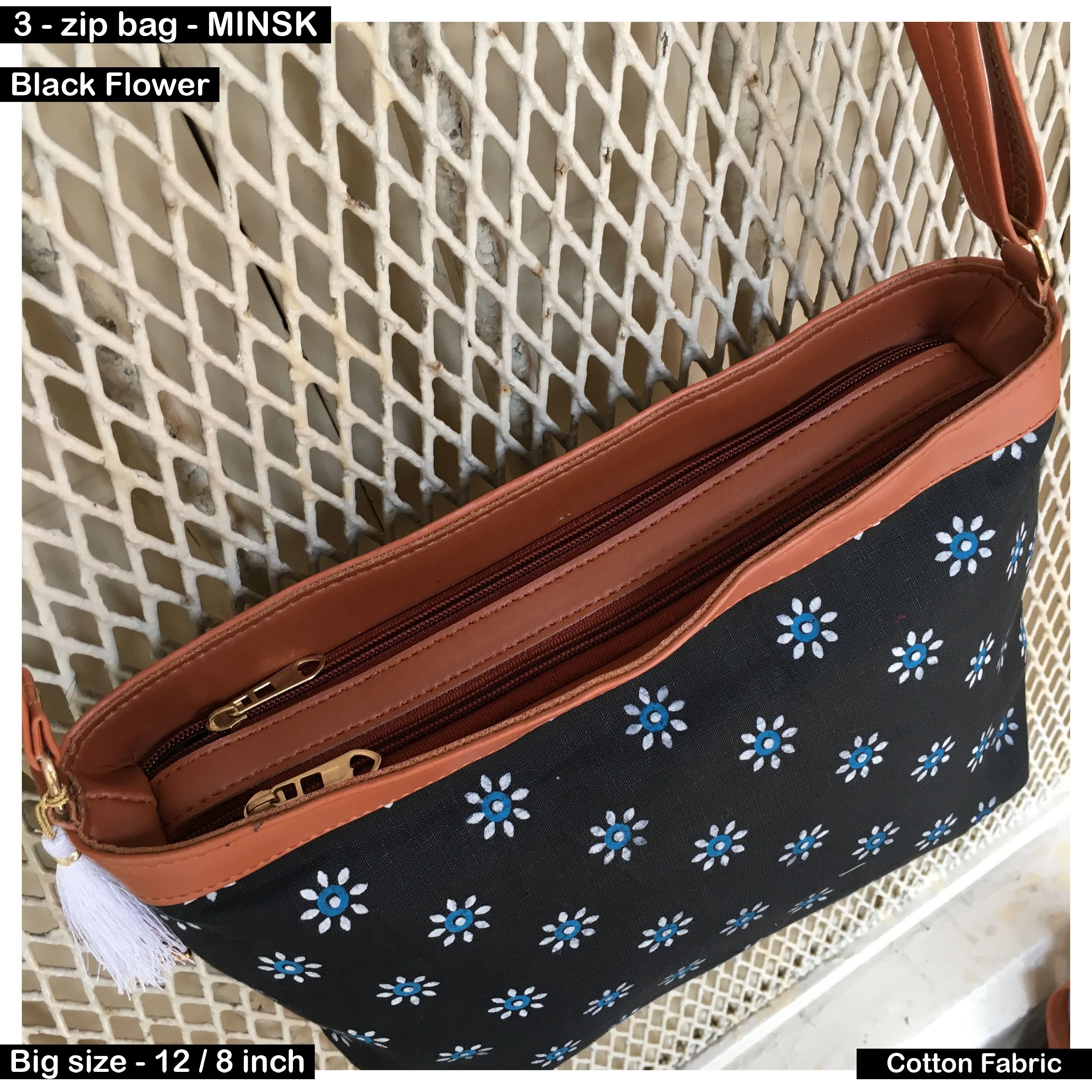 Minsk - 3 zip- Big size - Sling Bag - Black Flower - Image 5