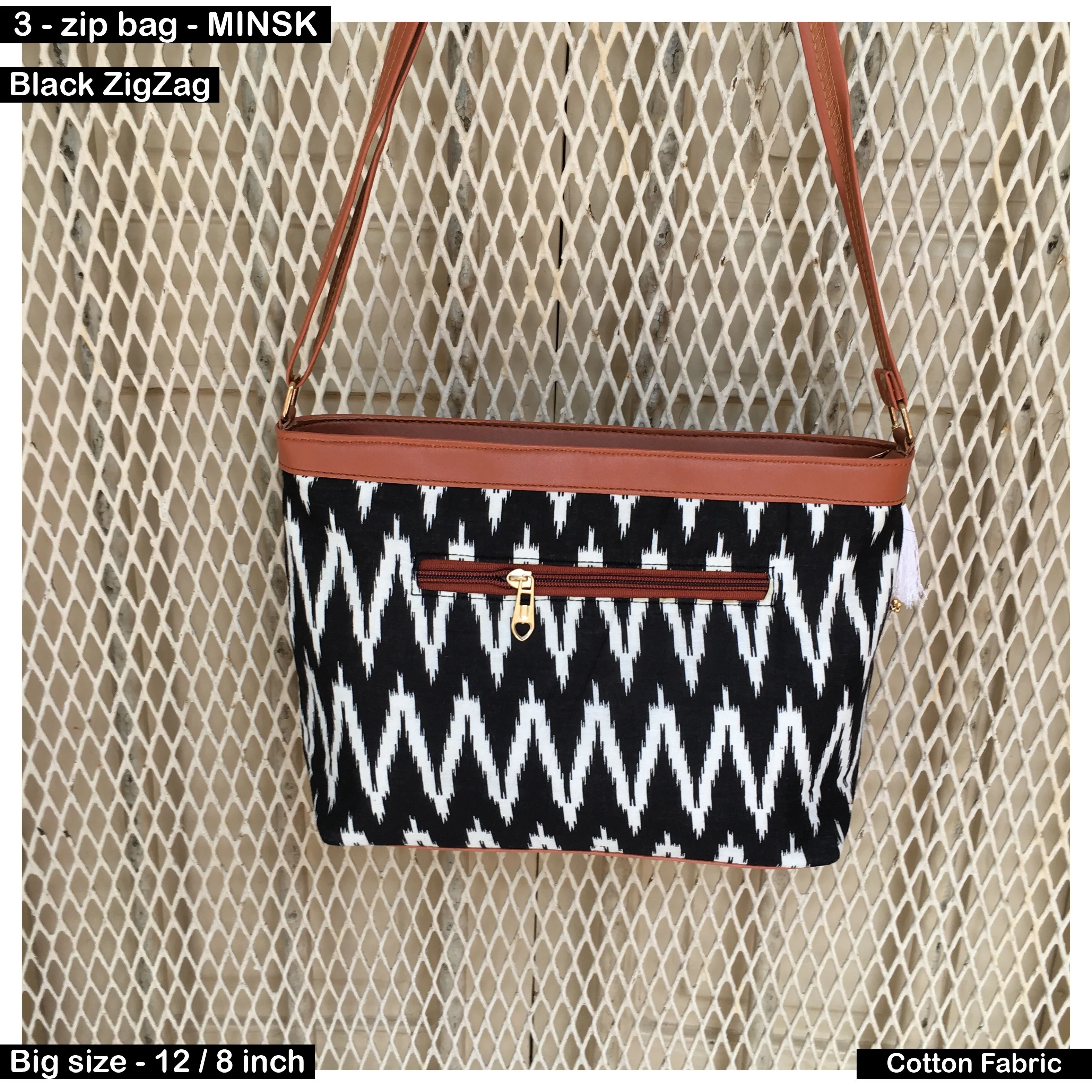 Minsk - 3 zip- Big size - Sling Bag - Black ZigZag - Image 9