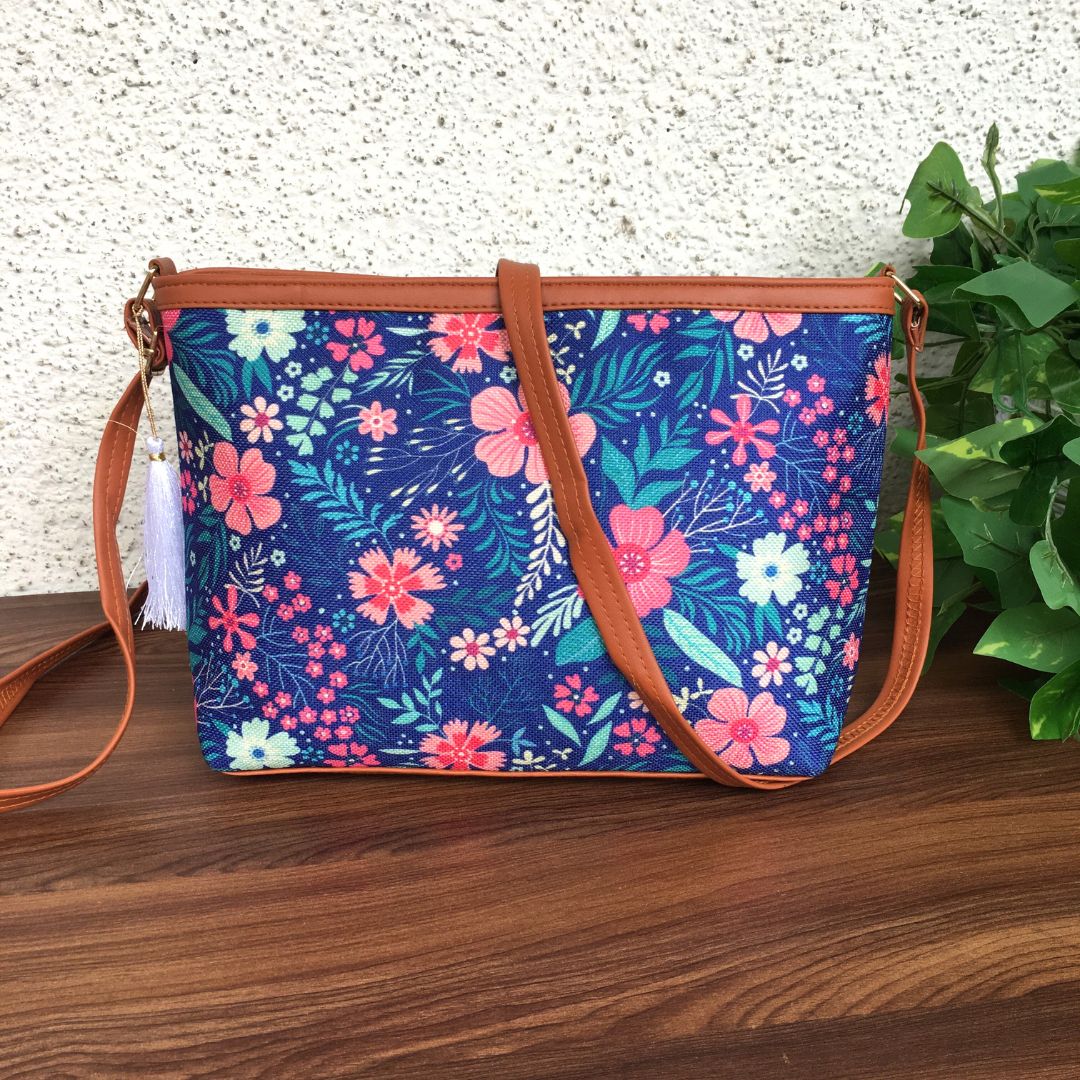 Minsk - 3 zip- Big size - Sling Bag - Blue Pink Flower - Image 2