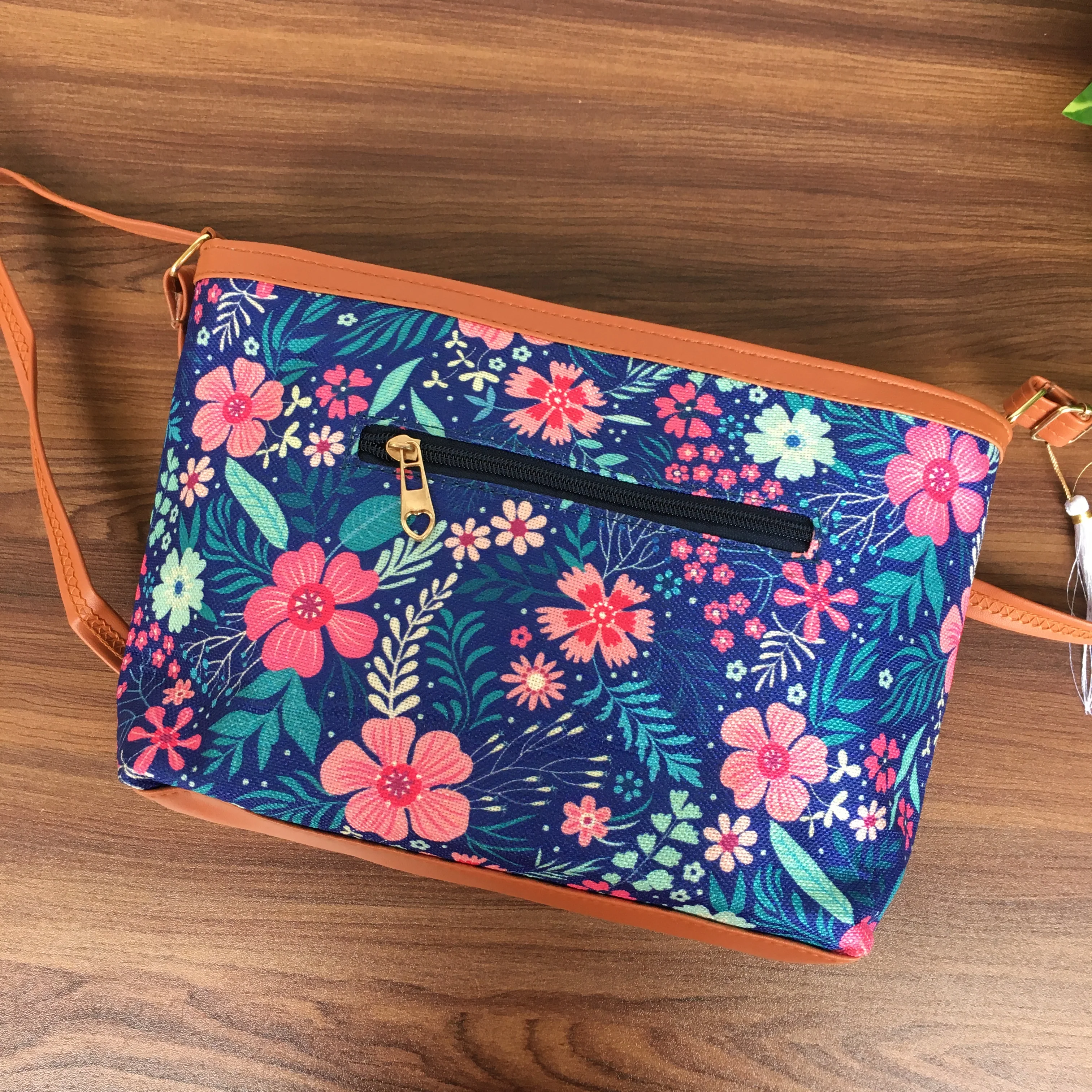 Minsk - 3 zip- Big size - Sling Bag - Blue Pink Flower - Image 3