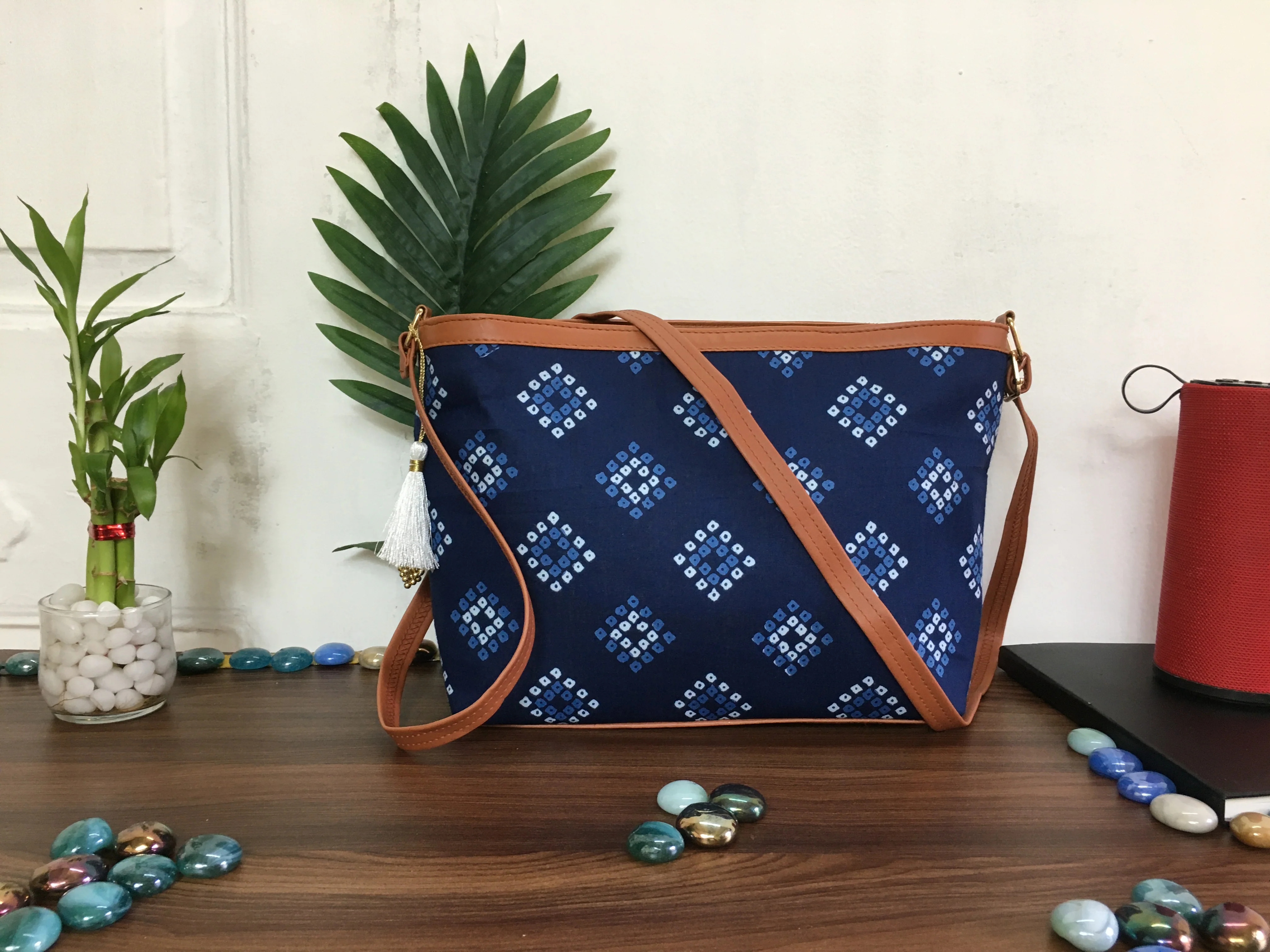 Minsk - 3 zip- Big size - Sling Bag - Blue Square Bandhani