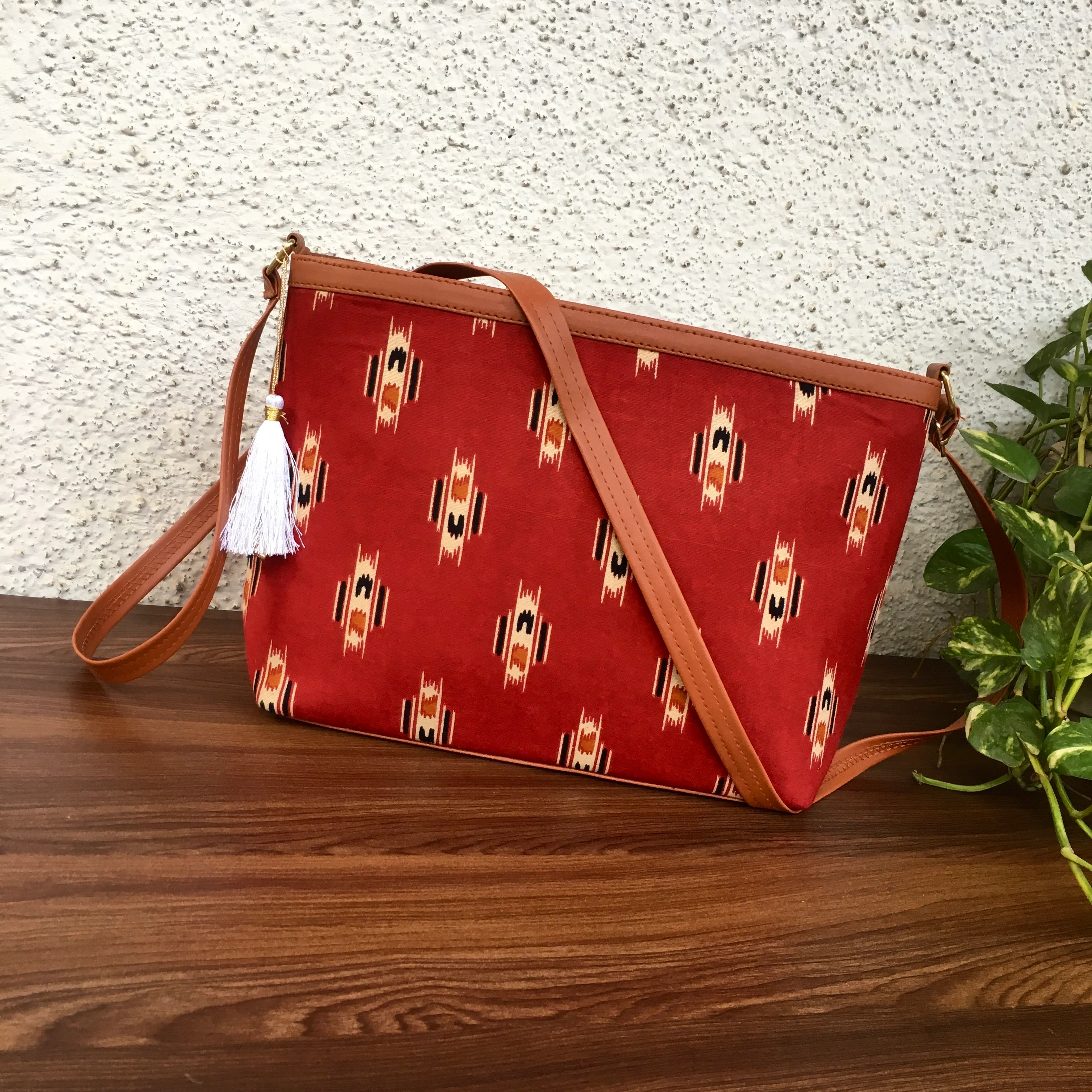 Minsk - 3 zip- Big size - Sling Bag - Maroon Black Ajrakh - Image 2