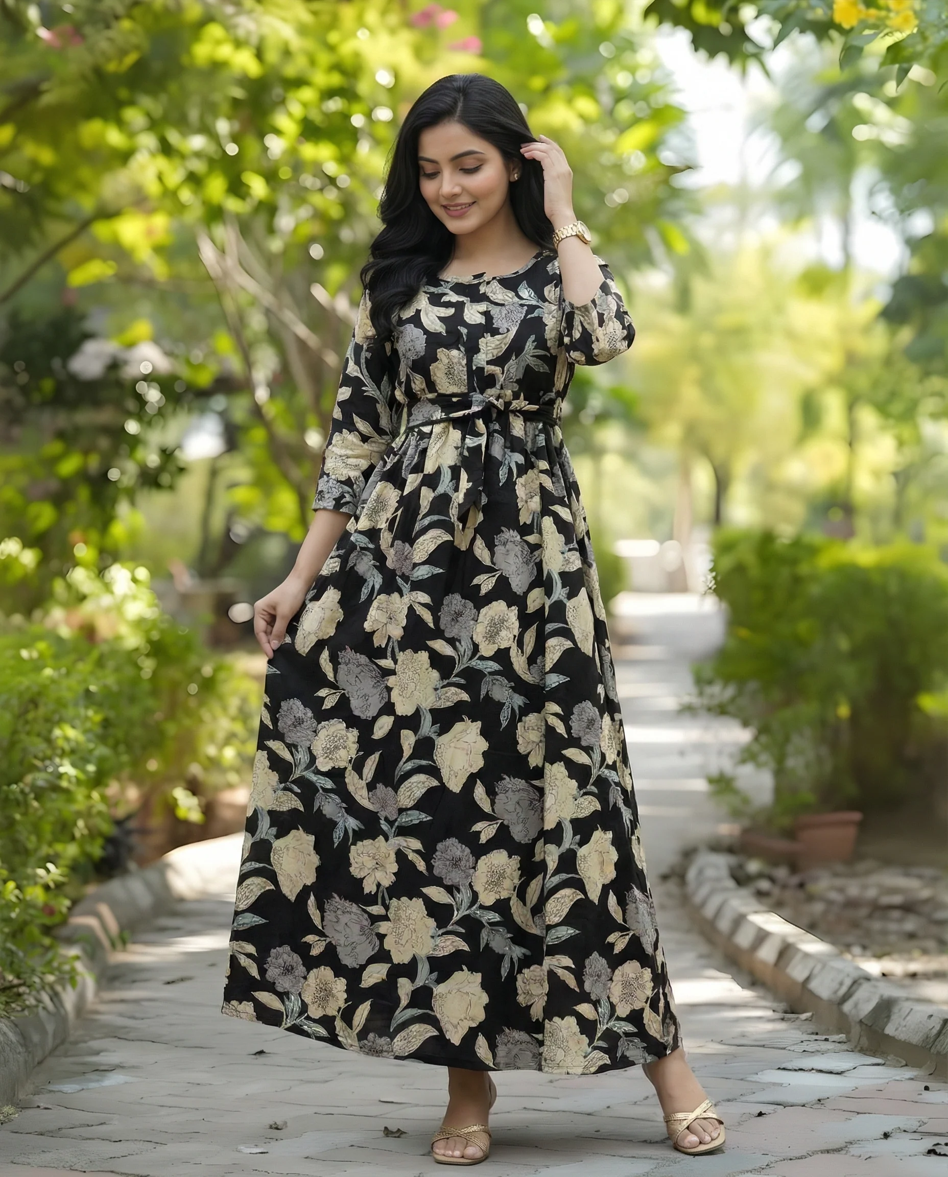 Mix Flower - Black - Maternity Kurti with Feeding Zips - Cotton Flex - Thicker Fabric - Image 7
