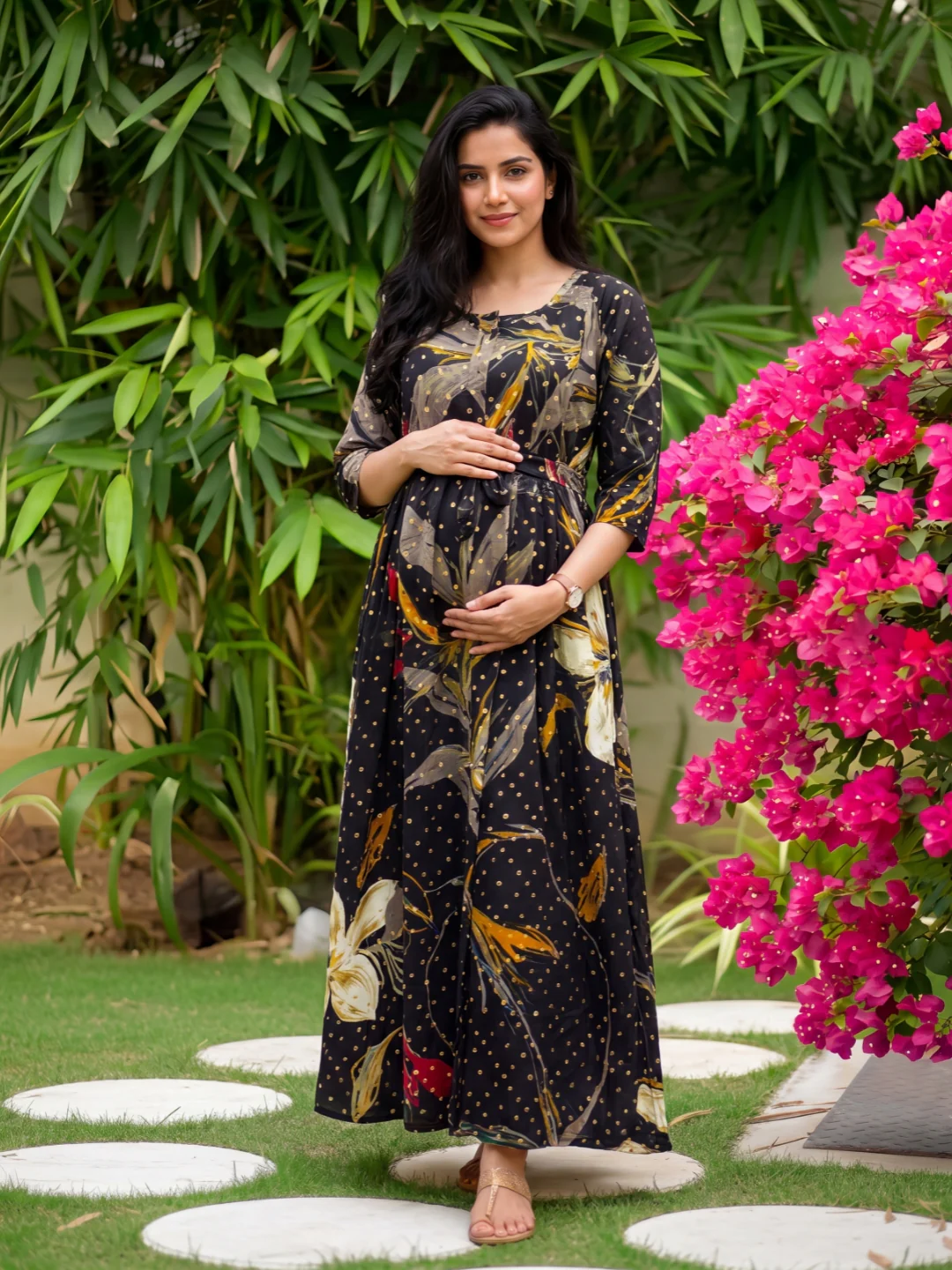Nerium Flower - Black - Maternity Kurti with Feeding Zips - Soft Rayon