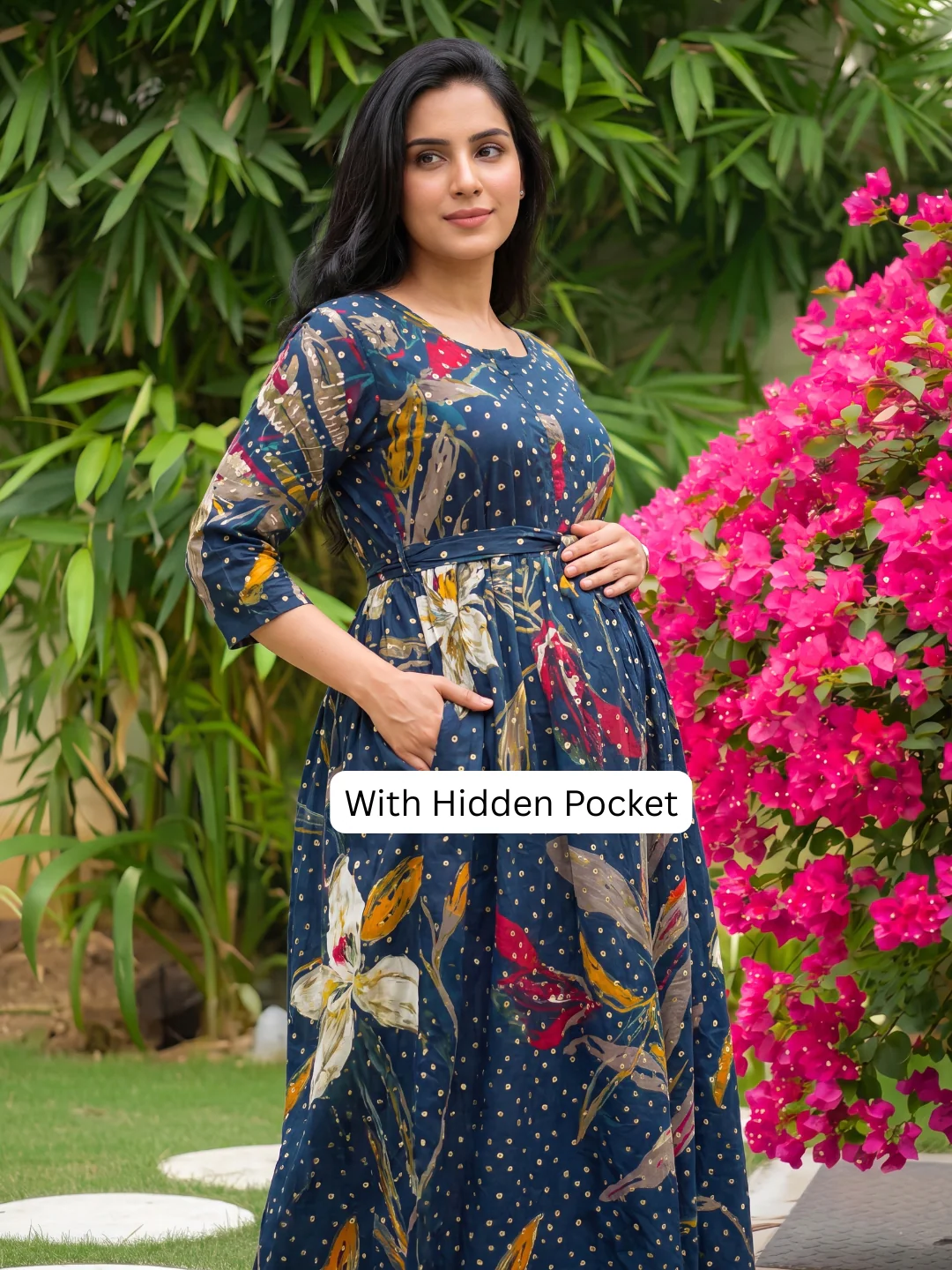 Nerium Flower - Blue - Maternity Kurti with Feeding Zips - Soft Rayon - Image 2