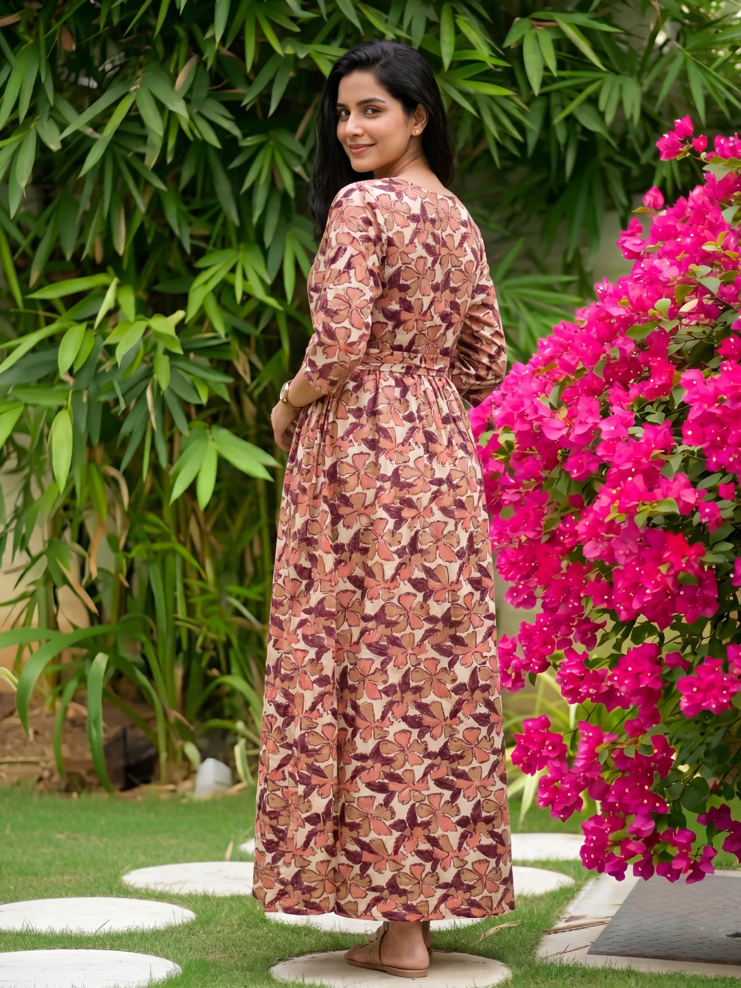Pink Cream Leaf - Maternity Kurti with Feeding Zips - Cotton Flex - Thicker Fabric - Image 9
