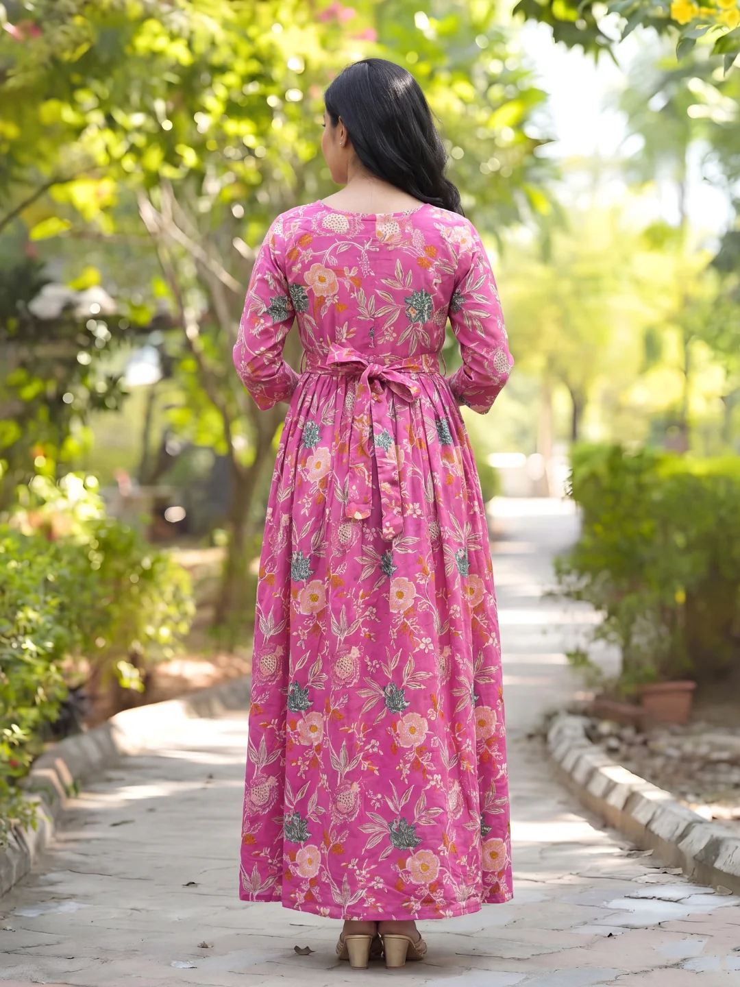 Pink Green Flower - Maternity Kurti with Feeding Zips - Cambric Cotton - Image 12