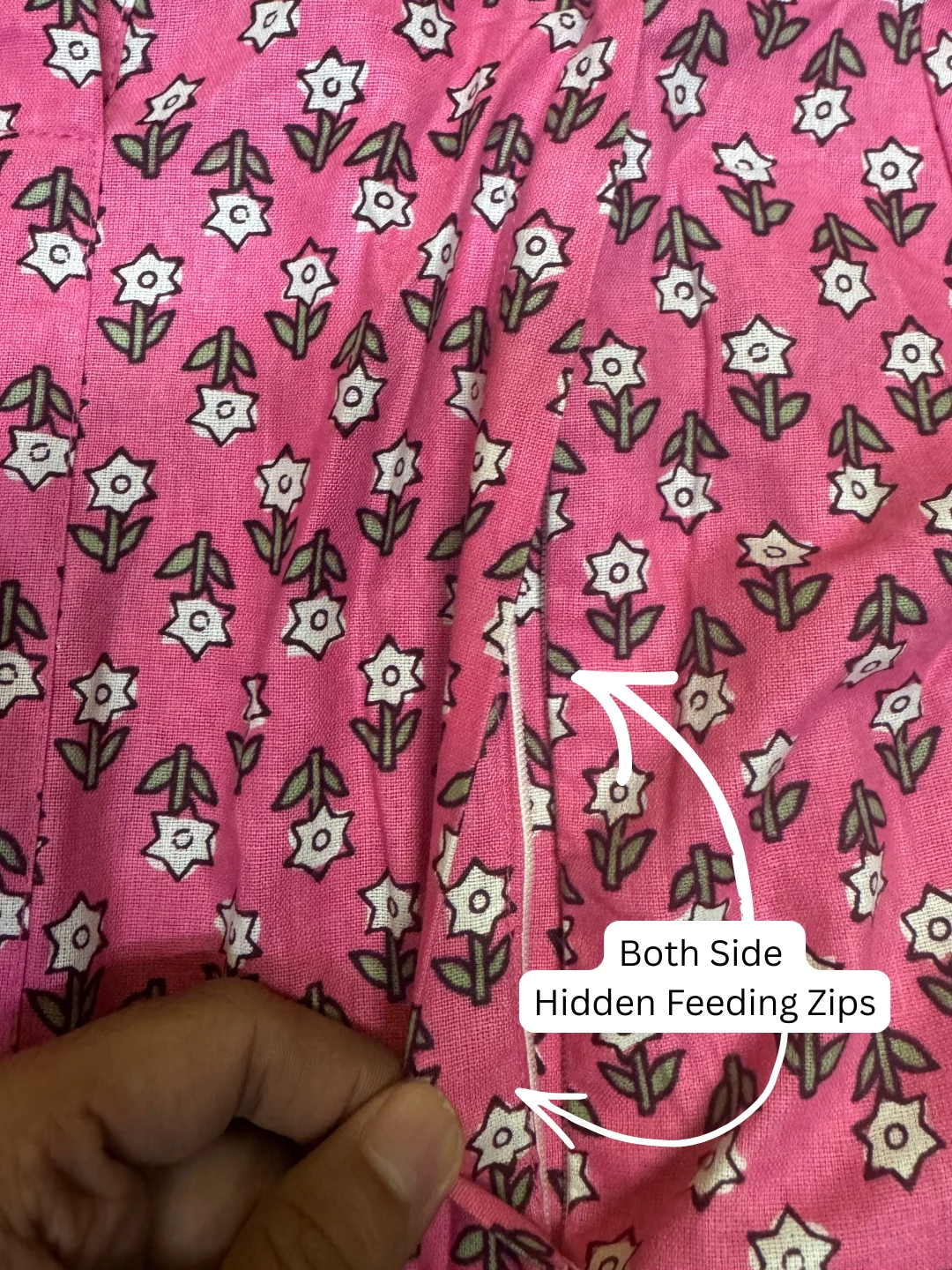 Pink Grey Flower - Maternity Dress with Feeding Zips - Pure Cotton - Image 4