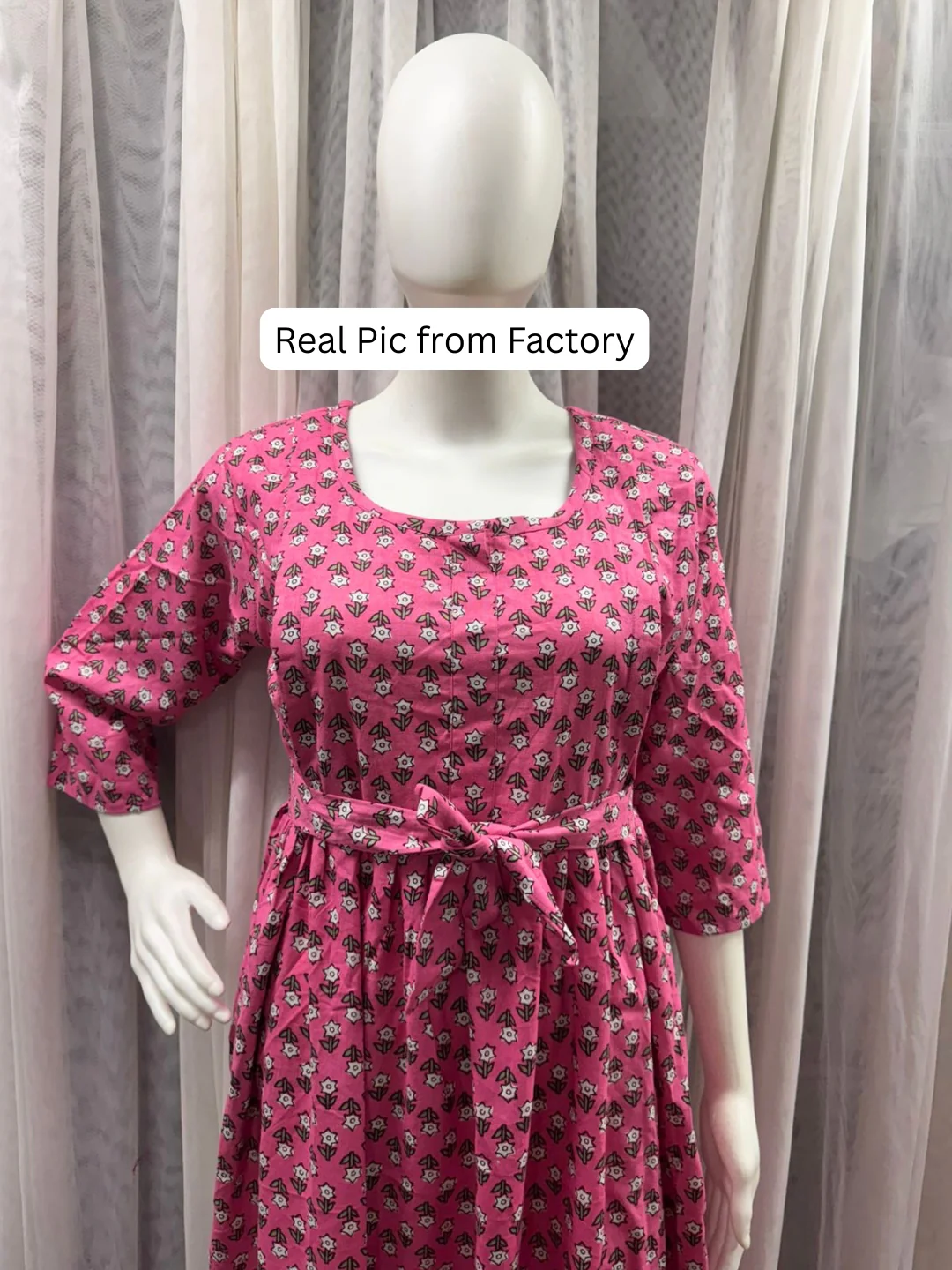 Pink Grey Flower - Maternity Dress with Feeding Zips - Pure Cotton - Image 7