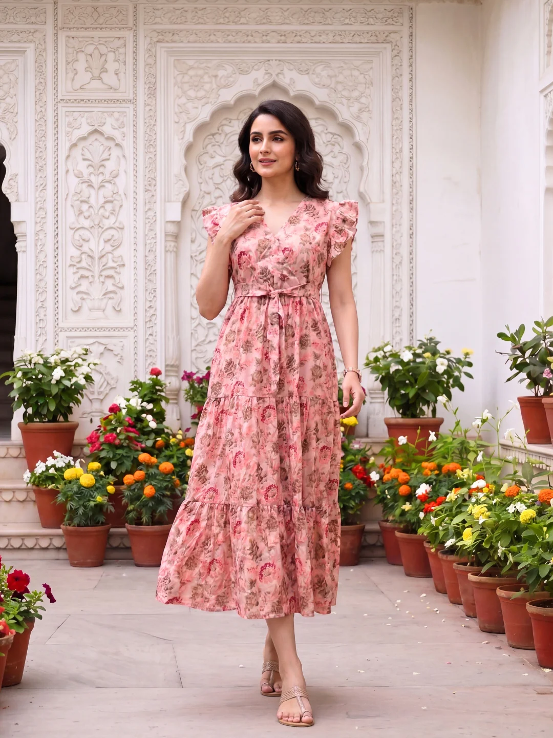 Pink Grey Flower - Sleevless Midi Dress - Soft Rayon