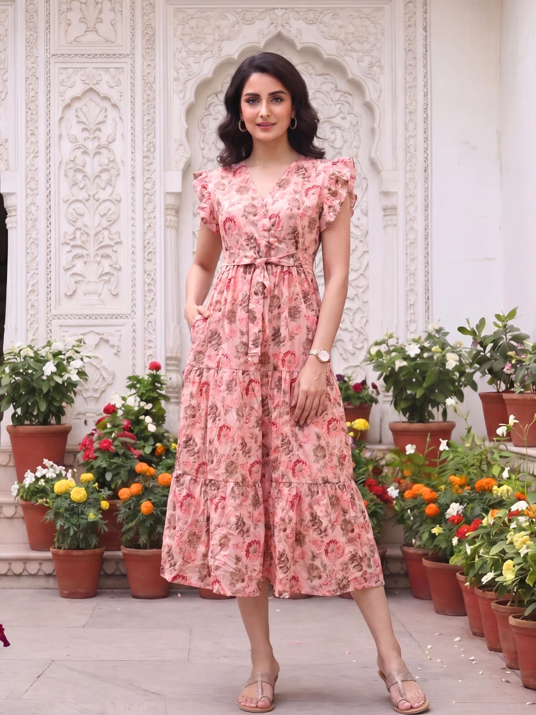 Pink Grey Flower - Sleevless Midi Dress - Soft Rayon - Image 2