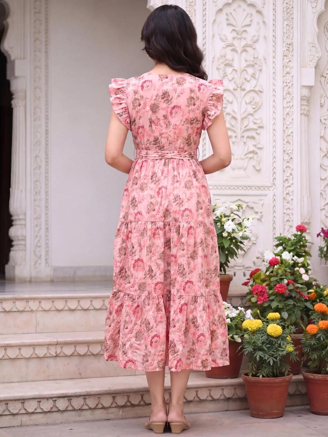 Pink Grey Flower - Sleevless Midi Dress - Soft Rayon - Image 4