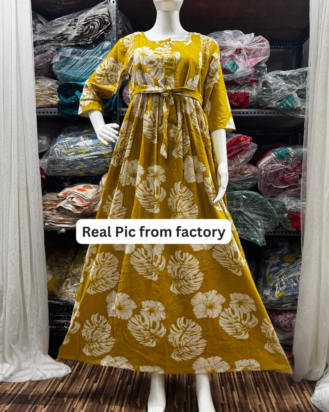 Swiss Cheese Leaf Yellow - Maternity Kurti with Feeding Zips - Cotton Flex - Thicker Fabric - Image 2