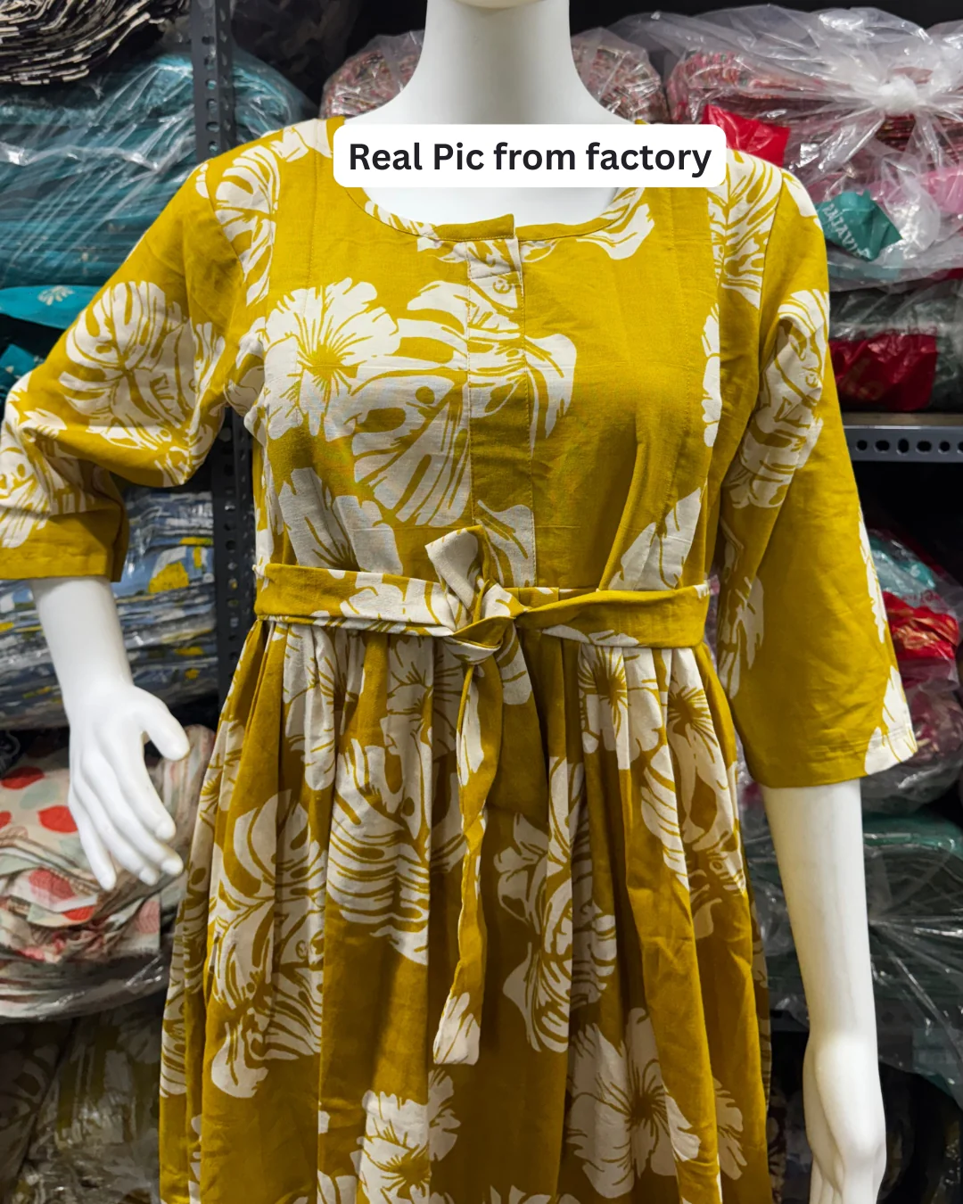 Swiss Cheese Leaf Yellow - Maternity Kurti with Feeding Zips - Cotton Flex - Thicker Fabric - Image 3