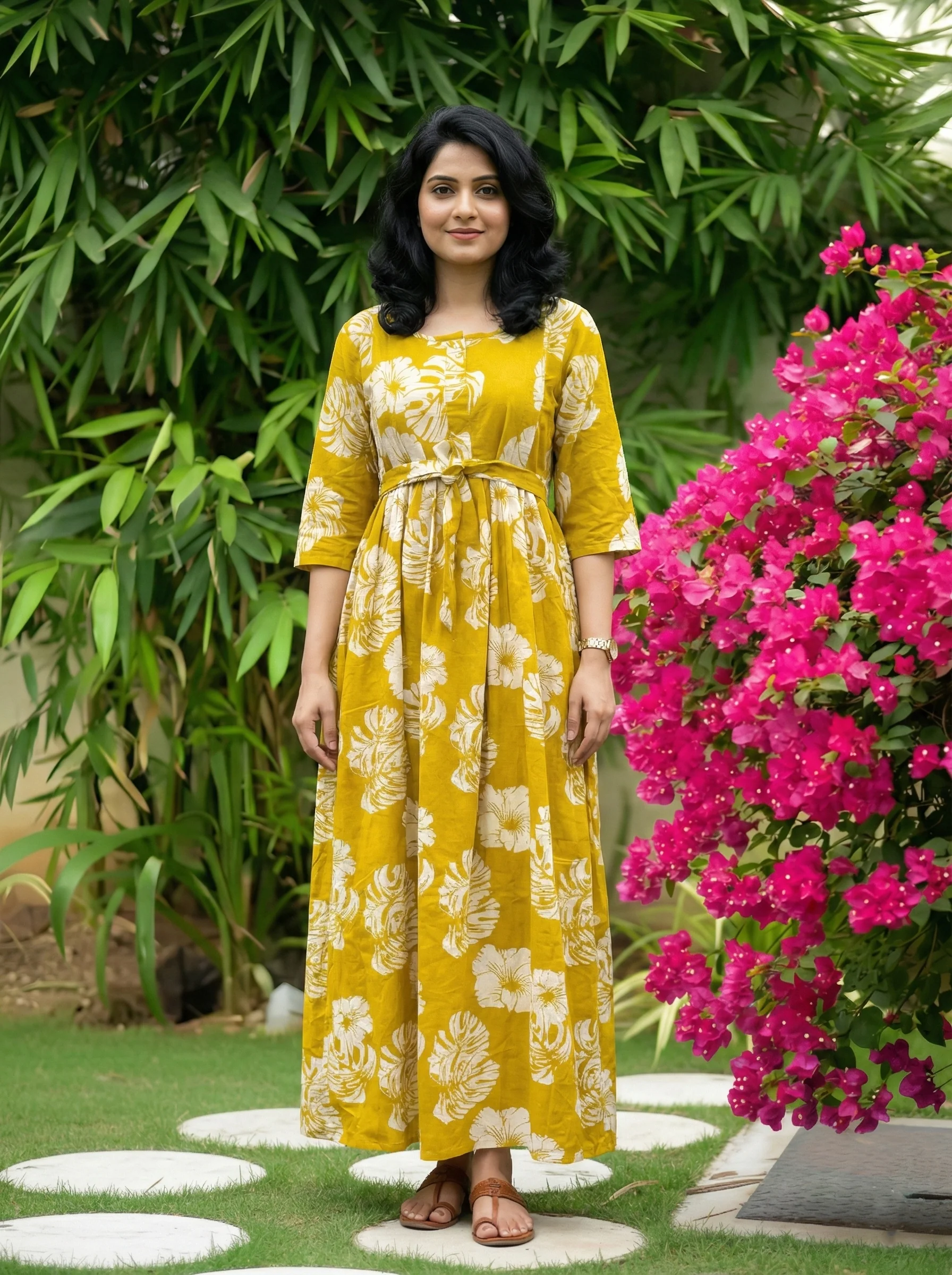 Swiss Cheese Leaf Yellow - Maternity Kurti with Feeding Zips - Cotton Flex - Thicker Fabric - Image 5