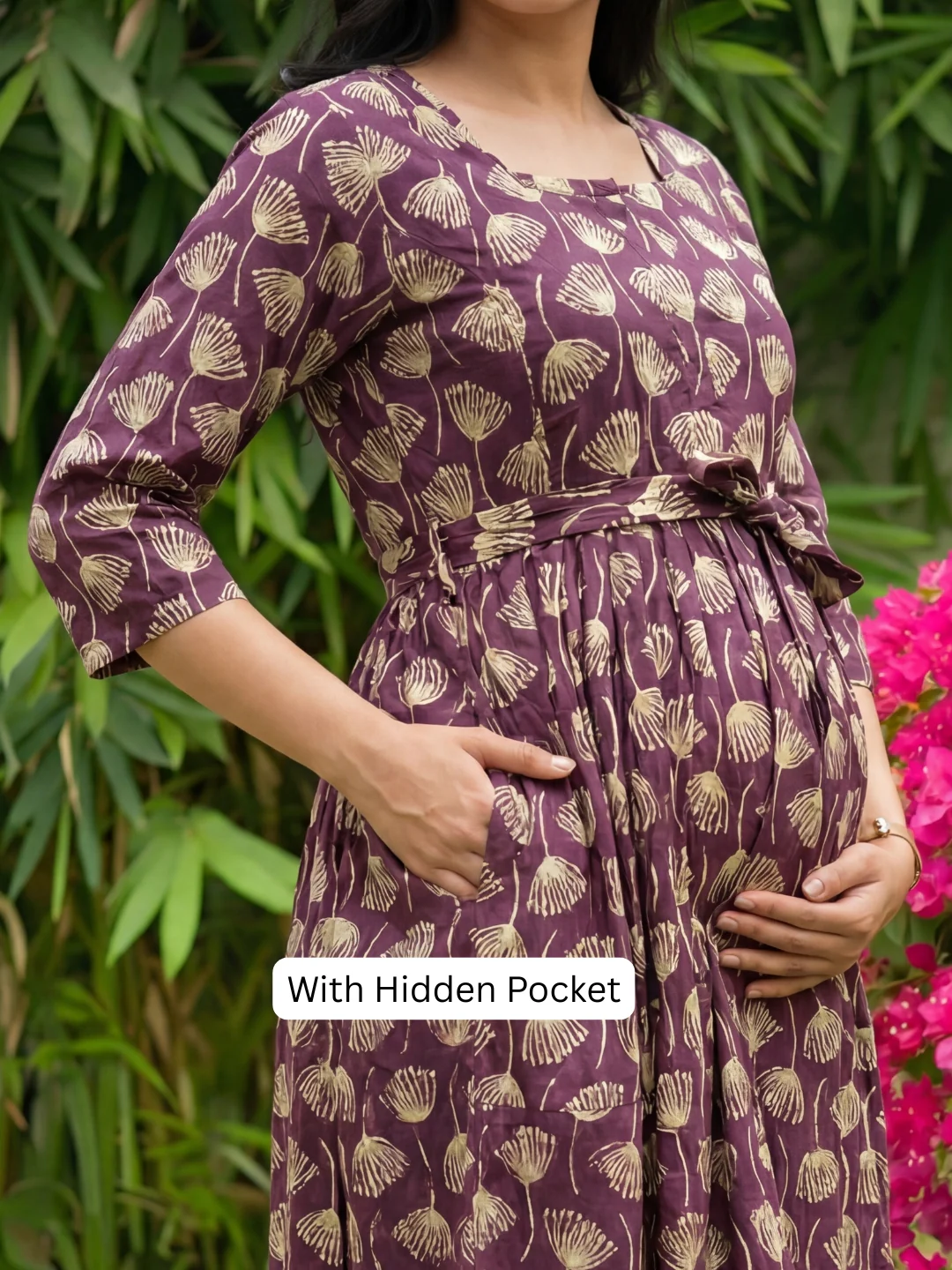Senna Flower - Purple - Maternity Kurti with Feeding Zips - Cotton Flex - Thicker Fabric - Image 2