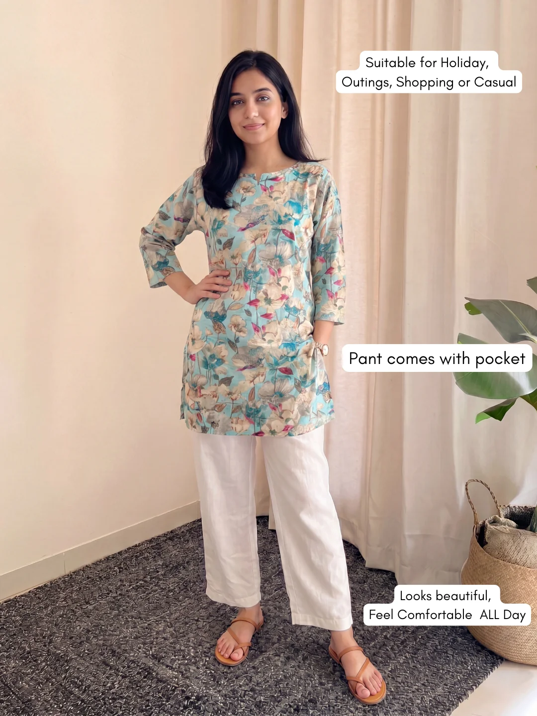 Sky Blue White- Cord Set with White Pant - Soft Rayon - Image 2