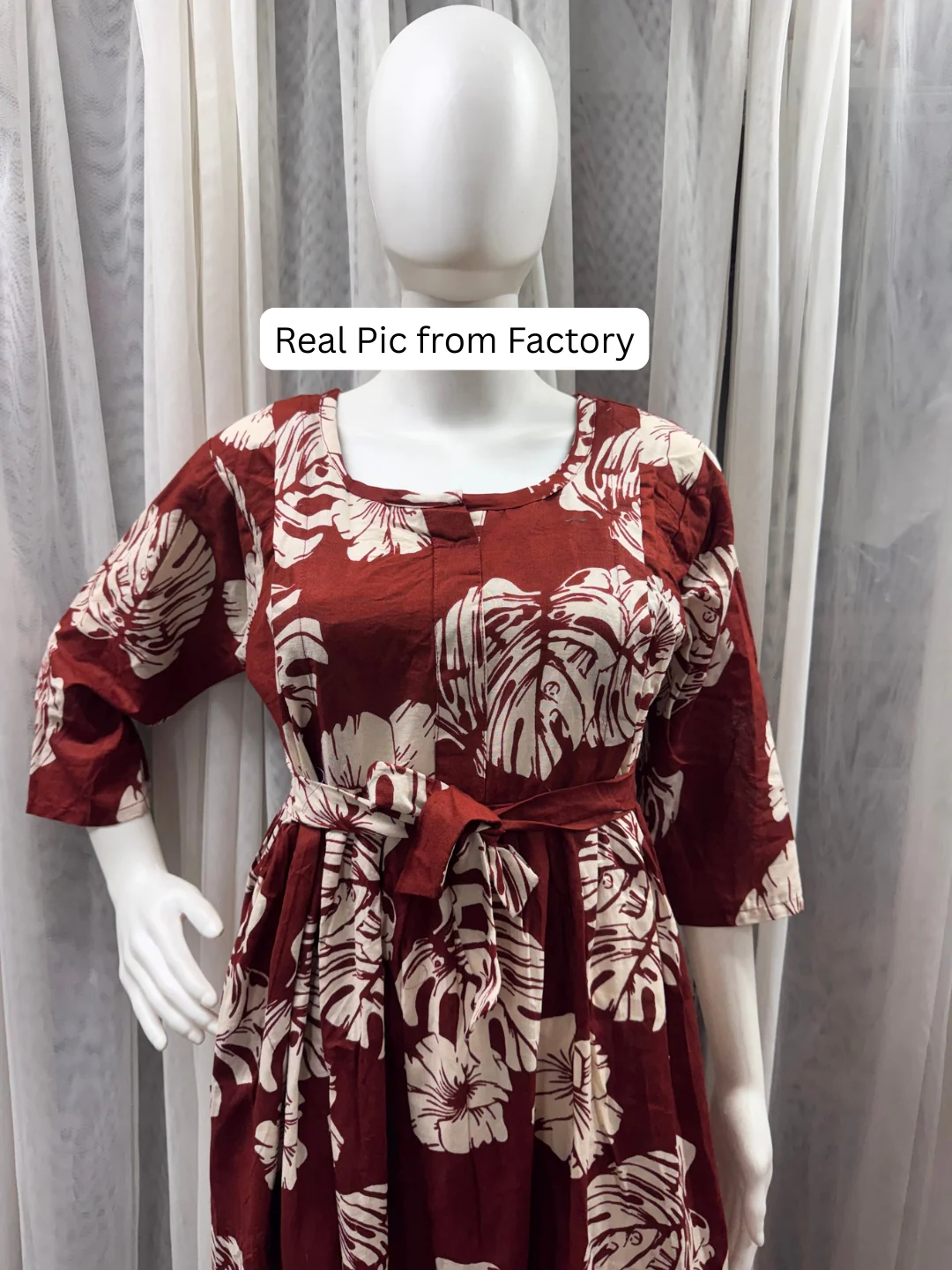Swiss Cheese - Maroon - Maternity Dress with Feeding Zips - Pure Cotton - Image 10