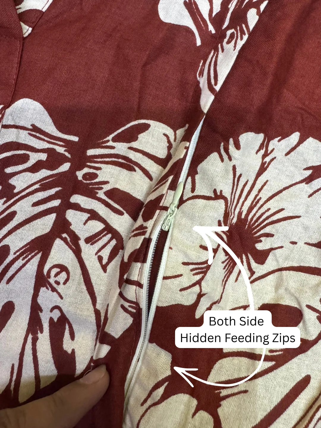 Swiss Cheese - Maroon - Maternity Dress with Feeding Zips - Pure Cotton - Image 3