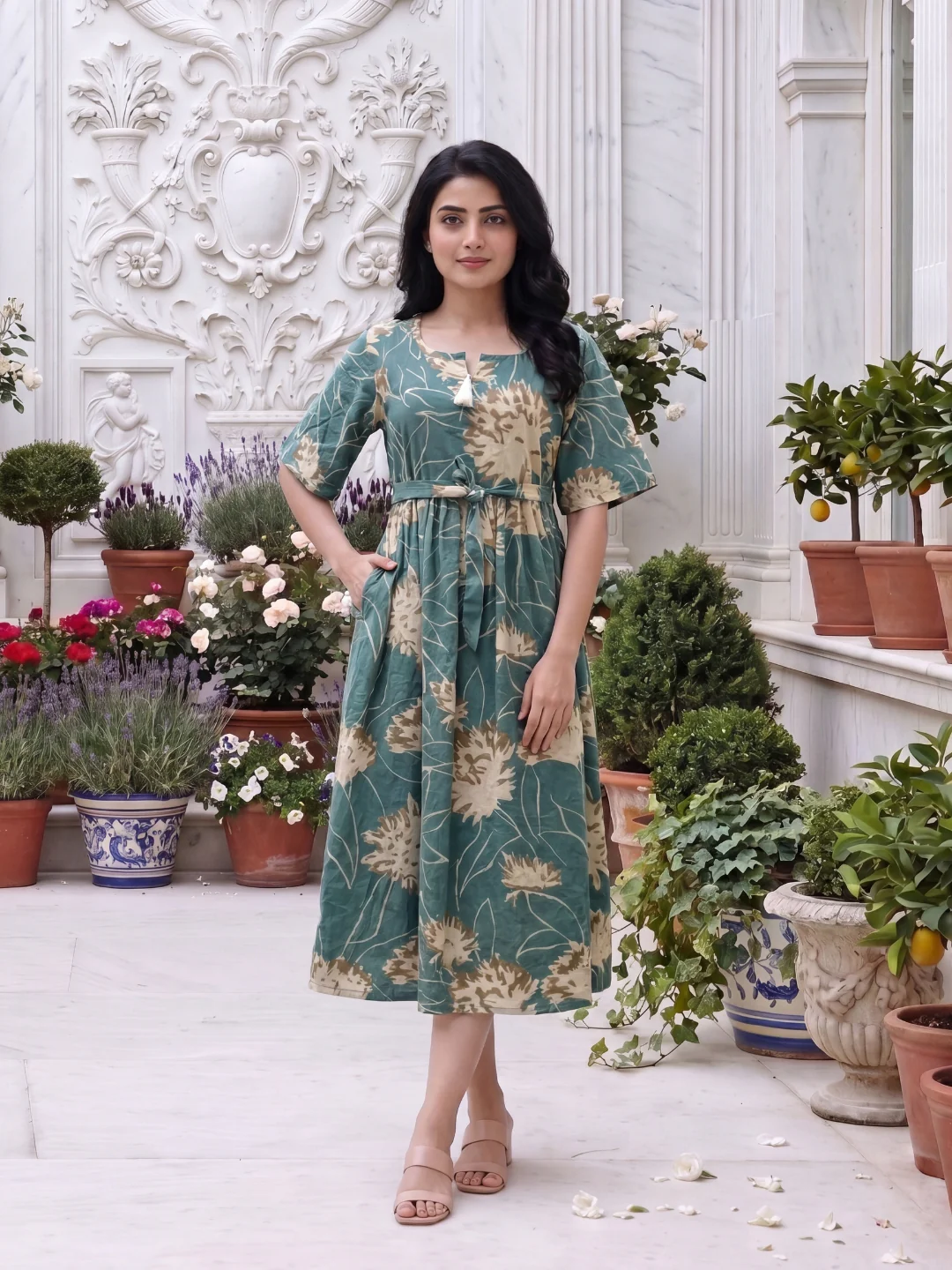Turquoise Cream- Short Sleeves Midi Dress -  Pure Cotton - Image 3