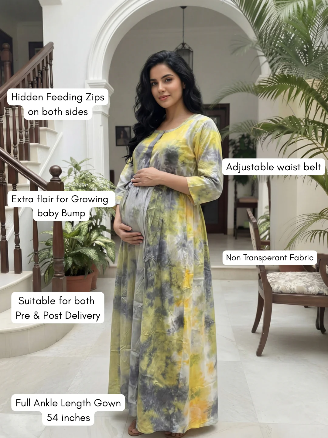 Tye Dye - Grey Green - Maternity Kurti with Feeding Zips - Soft Rayon - Image 3