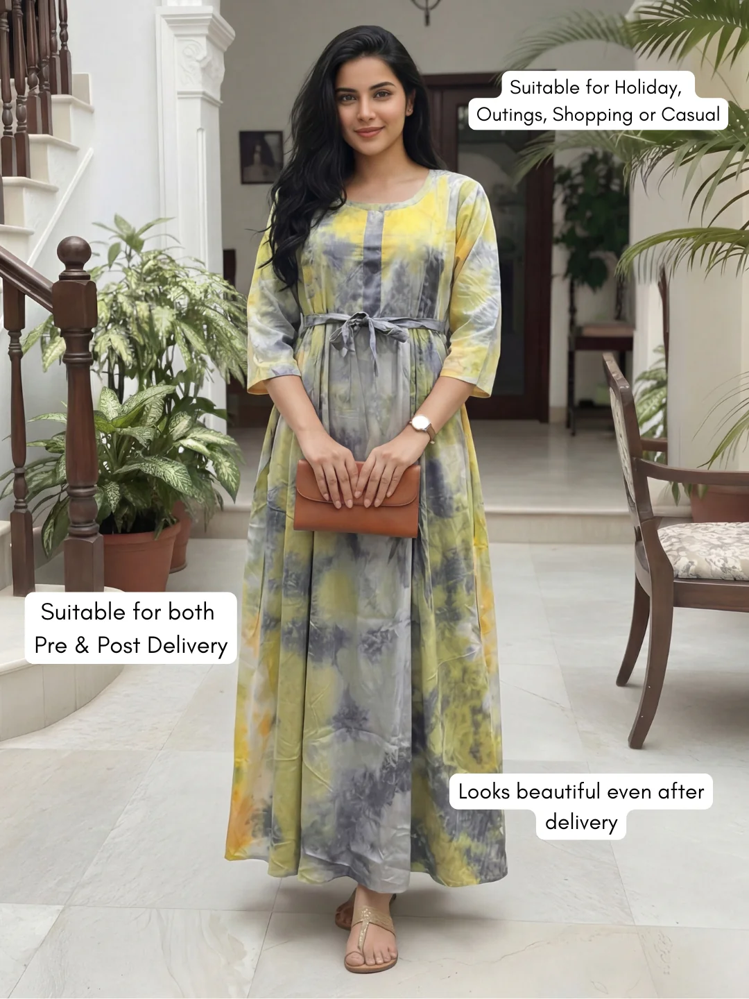 Tye Dye - Grey Green - Maternity Kurti with Feeding Zips - Soft Rayon - Image 4