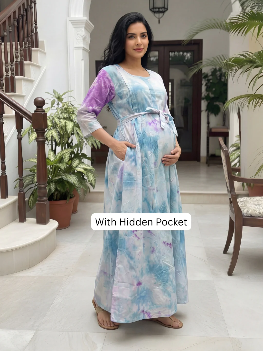 Tye Dye - Sky Blue Purple - Maternity Kurti with Feeding Zips - Soft Rayon - Image 2