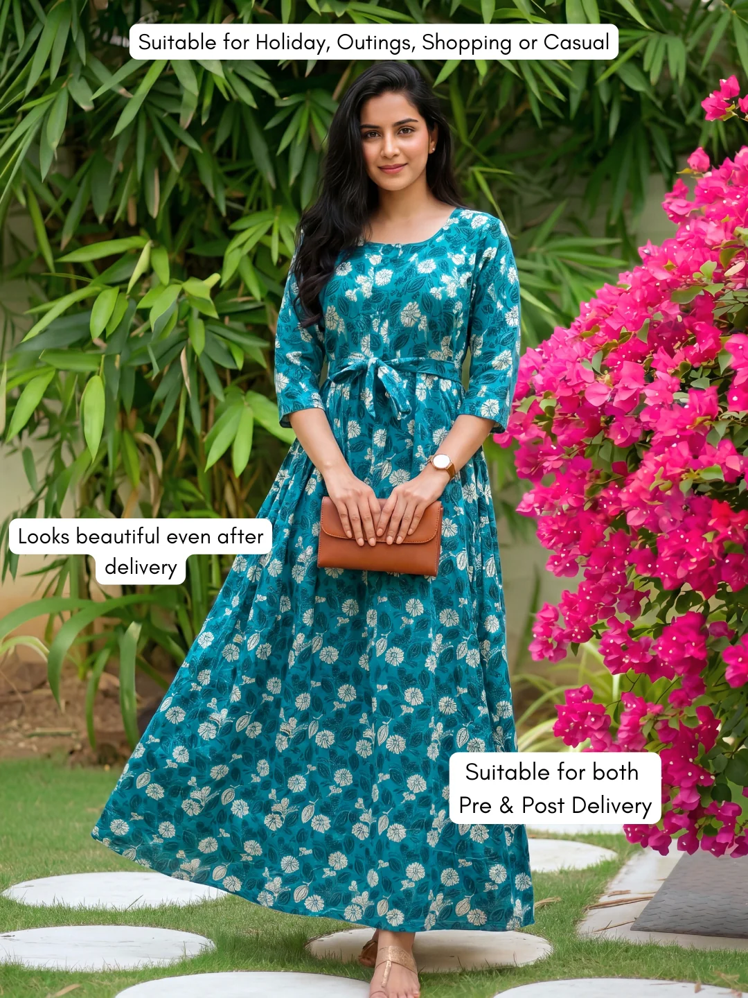 White Flower - Sea Blue - Maternity Kurti with Feeding Zips - Soft Rayon - Image 4
